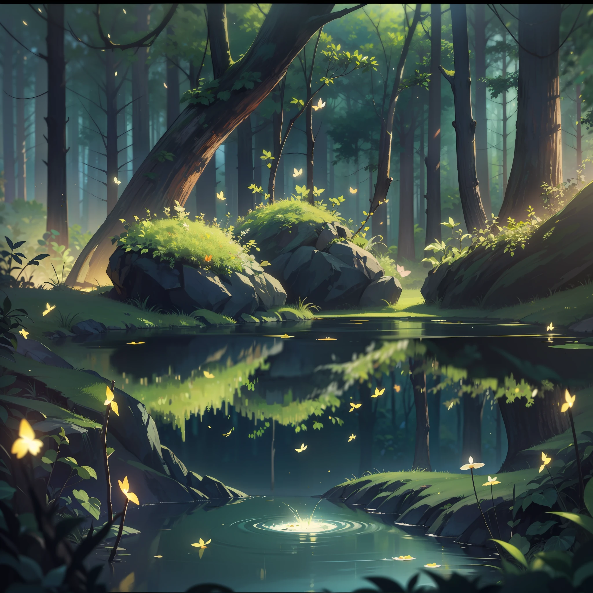 A masterpiece, the best quality, stunning reflections, the best reflections ever. (very detailed CG unity 8k wallpapers), (best quality), (best illustrations), (best shadows), forest theme with natural elements. Tall trees, quiet streams, small glowing mushrooms surrounded by delicate leaves and branches, with fireflies and glowing particle effects,, (natural elements), (jungle theme), (leaves), (twigs), (fireflies), butterflies, (delicate leaves), (glow), (particle effects). , Isometric 3D, Octane Rendering, Ray Traced, Super Detailed