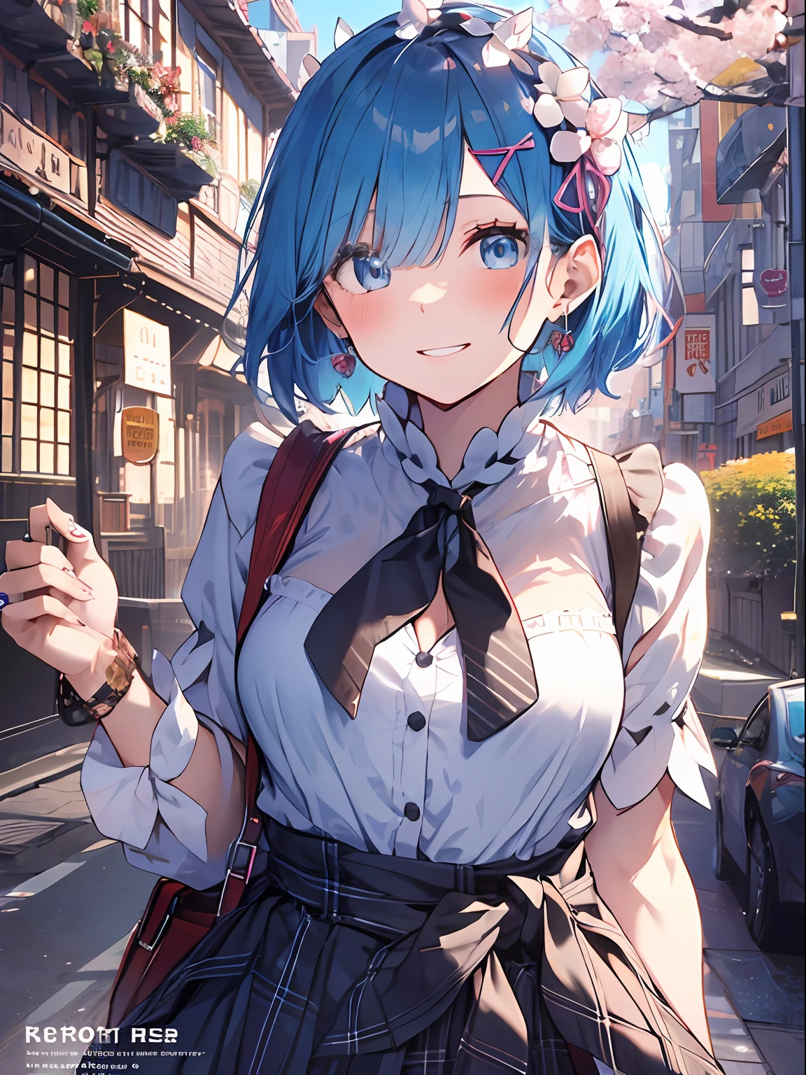 傑作, maximum quality, Um corpo inteiro, 1girl, bangs, Black choker, Black tie,  Blue skirt, blushed, bracelets, Breasts, choker, Clothing around the waist, fcollarbone, collar shirt, cowboy-shots, dress shirt, Ear piercing, eyebrows visible through hair, Gradient Hair, Grinning, gyaru, jewelries, Kogal, Watch your audience, Loose tie, necktie, piercings, Plaid, Plaid skirt, pleated skirts,  rings, uniformed, shirts, skirts, Sorrisos, solo, white shirts, street, sky, cherry blossom, petals,illustration, (magazine:1.3), (cover-style:1.3), Fashionable, female pubic-hair, Vibrant, clothing, a-pose, front, Colorful, Dynamic, backdrop, element, confident, expression, holding, statement, accessory, Majestic, coil, surroundings, touch, Scenes, text, covers, It's bold, attention-grabbing, title, stylish, font, It's catchy, headline, larger, Impressive, modern, Trendy, focus, fashion,Light blue hair、ple short hair、blue eye,Remu(Re:Zero)