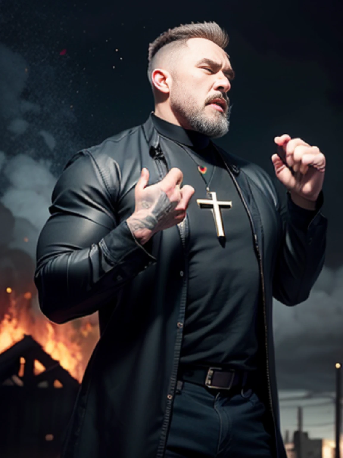 A huge strong muscular priest in black long shirt, a catholic church 40 years priest, huge angry face, man with black clothes medieval outfit, grey massy hair, vivid colors, by Bernie D’Andrea, by Valeriy Vegera art, by Greg Rutkowski, profile pic, game action pose, aftenoon sunny, apocalyptic city, fire on background, cinematic shading, detailed and intricate art, rim light
