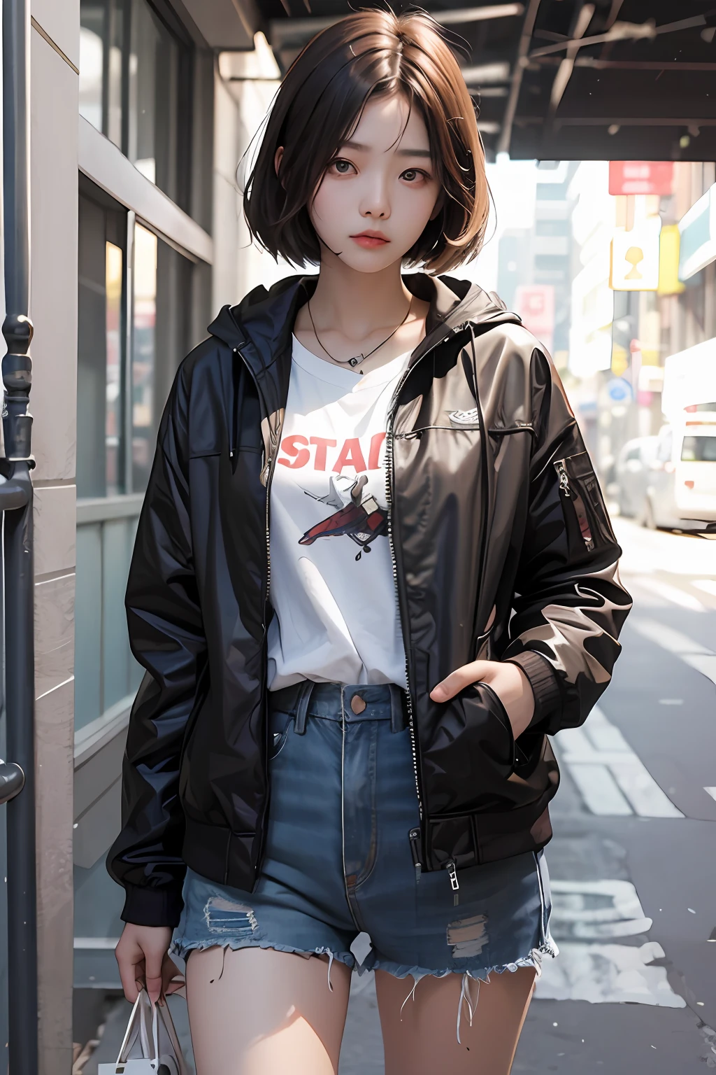 a young korean woman with short brown hair, bad guy, jacket, hurt