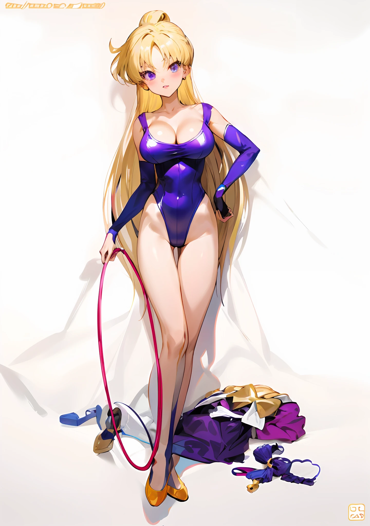 Anime girl with blonde hair and purple leotard holding jump rope, dressed:leotard、Seductive anime girl, anime woman fullbody art, Ecchi Anime Style, !!Full body portrait!!,  knights of zodiac girl, anime-style, beautiful alluring anime woman, Gigantic big tits、with large breasts、long sleeve