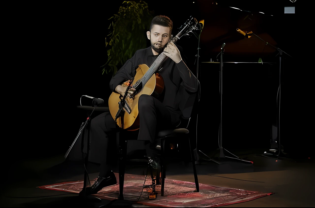 arafed man sitting on a chair playing a guitar in a dark room, Mateo Dineen, Pablo Oliveira, Farid Ghanbari, Tim, masterful composition!!!, Pablo Dominguez, tocando guitarra no palco, Alejandro, Sviatoslav Gerasimchuk, is playing a lute, Emad Mostaque, Bogdan Rezunenko --auto