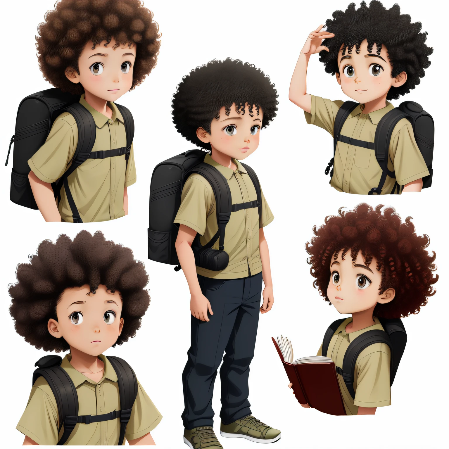 a small explorer children, with various poses and expressions, on a white background, illustration of a children's book, manga style, for 6 years old, a boy: a medium sized curly haired (mulatto), no book, no backpack, no weapons, no knives, without military equipment