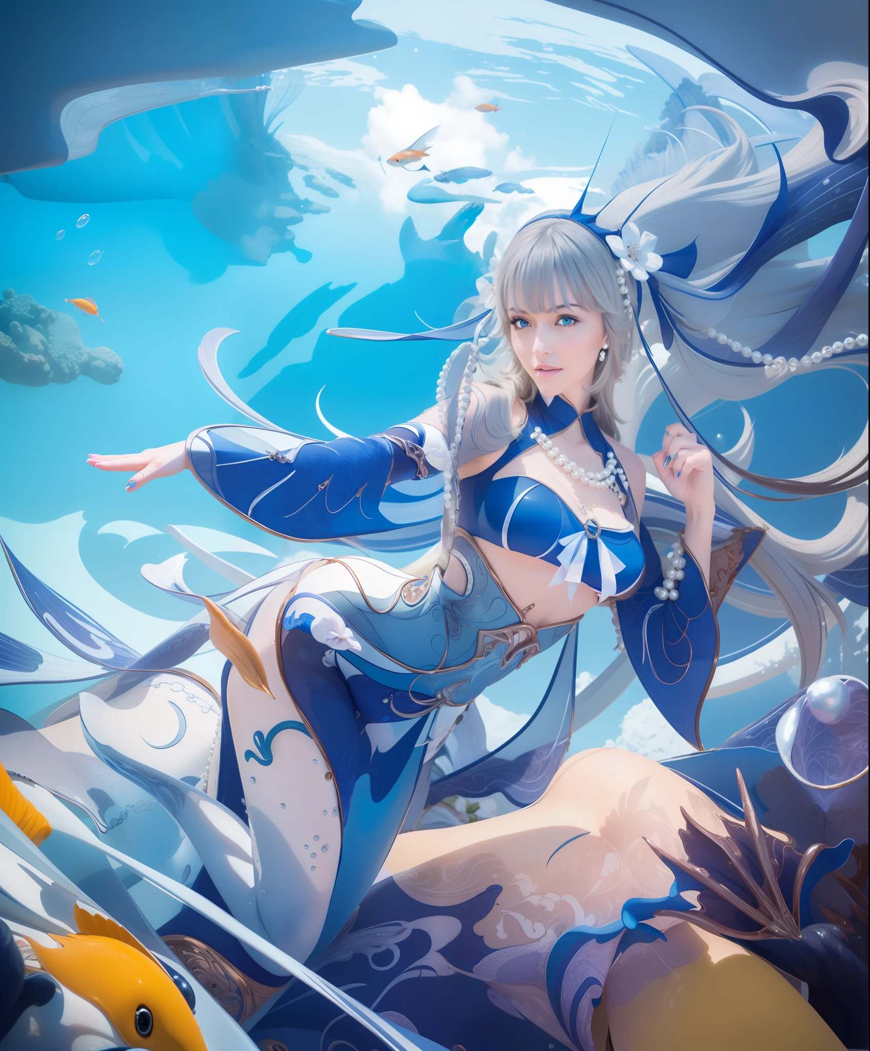 Woman, beautiful face, piercing gaze, smile, blue eyes, Sexy blue dress, long white hair with perfect pearl necklace, ultra realistic, photorealistic, masterpiece, detail, Under the sea, perfect face