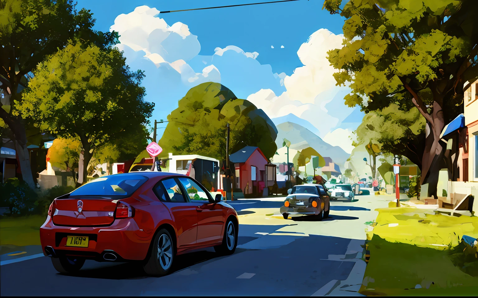 there is a cartoon picture of a street with cars and trees, low detailed. digital painting, painterly illustration, digital painting concept art, by Craig Thompson, digital 4k painting, nicolas bouvier sparth, painterly concept art, jen bartel, painting by android jones, vibrant digital painting, glen orbik, digital cartoon painting art