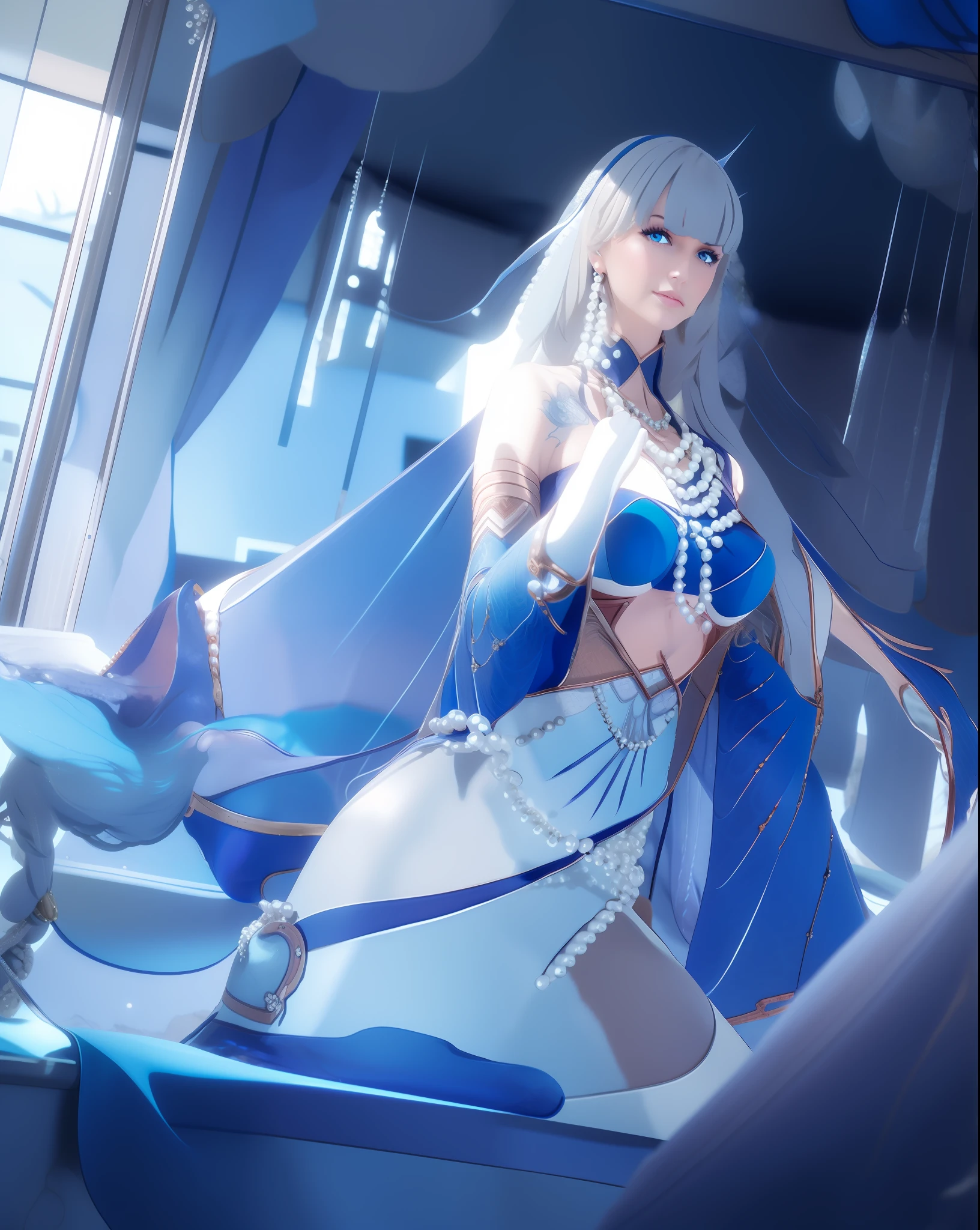 Woman, beautiful face, piercing gaze, smile, blue eyes, Sexy blue dress, long white hair with perfect pearl necklace, ultra realistic, photorealistic, masterpiece, detail, Under the sea, perfect face