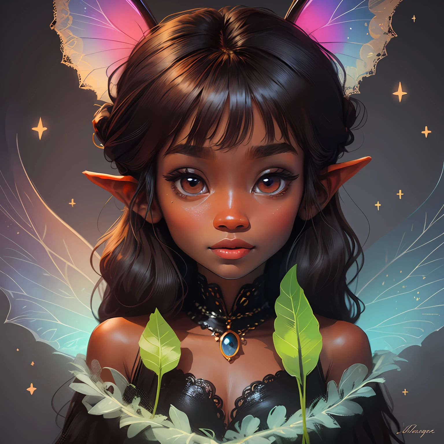 A detailed imaginative cute (((dark skin))) magical fairy with big cute eyes., vibrant colors, playful --auto