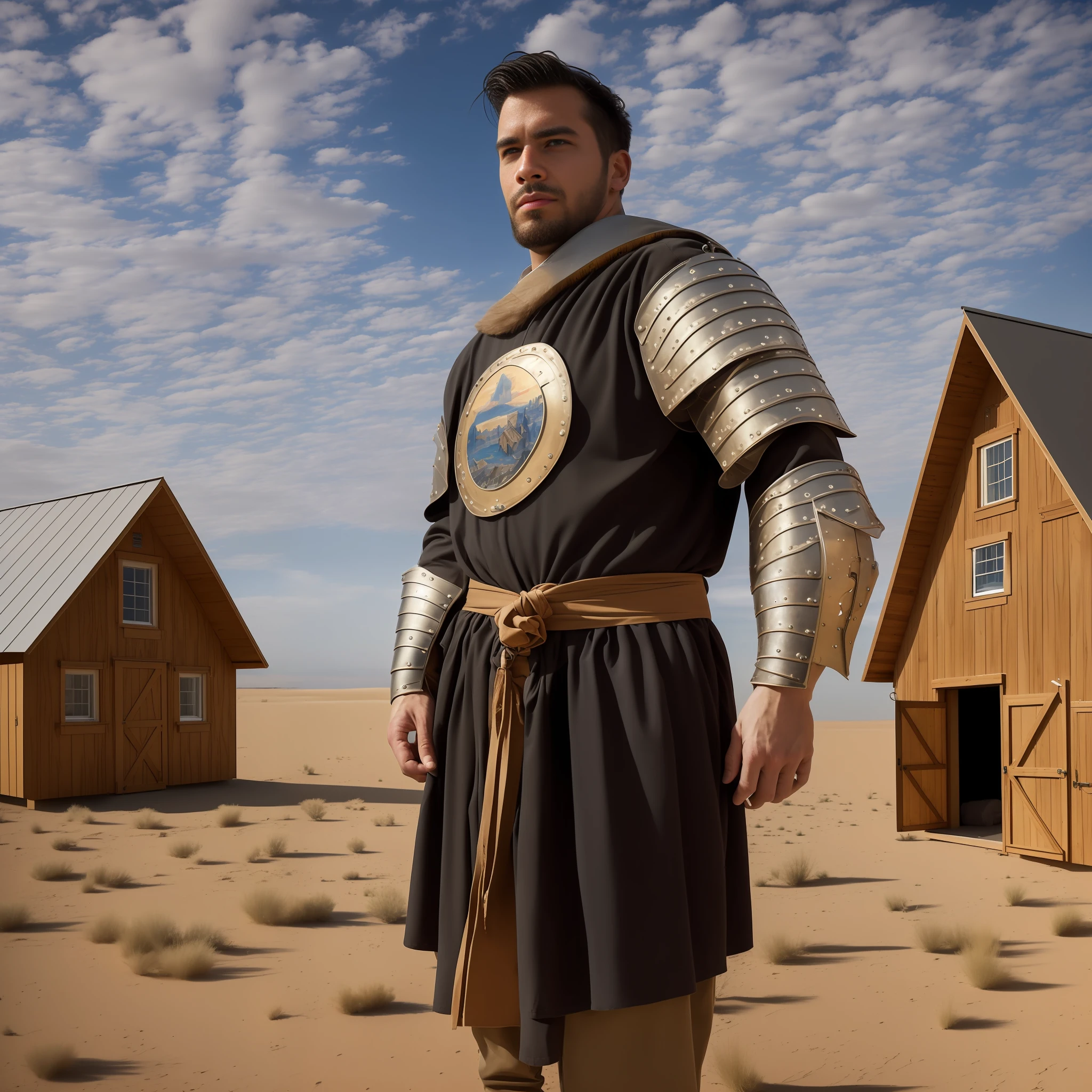 ((photography, photorealism)), ((masterpiece)), ((realistic)), 21-year-old man, white skin, short black hair, medium black beard, thick black eyebrows, Brazilian, serious expression, large scar on his neck, wearing a broken medieval armor, black color. He is standing in a flat desert during the day, with the sun at the highest point. In the background, there is an average two-story house and two medium barns, all made of wood. The photograph captures every detail of the body, facial expression and landscape, creating a realistic and impressive masterpiece.