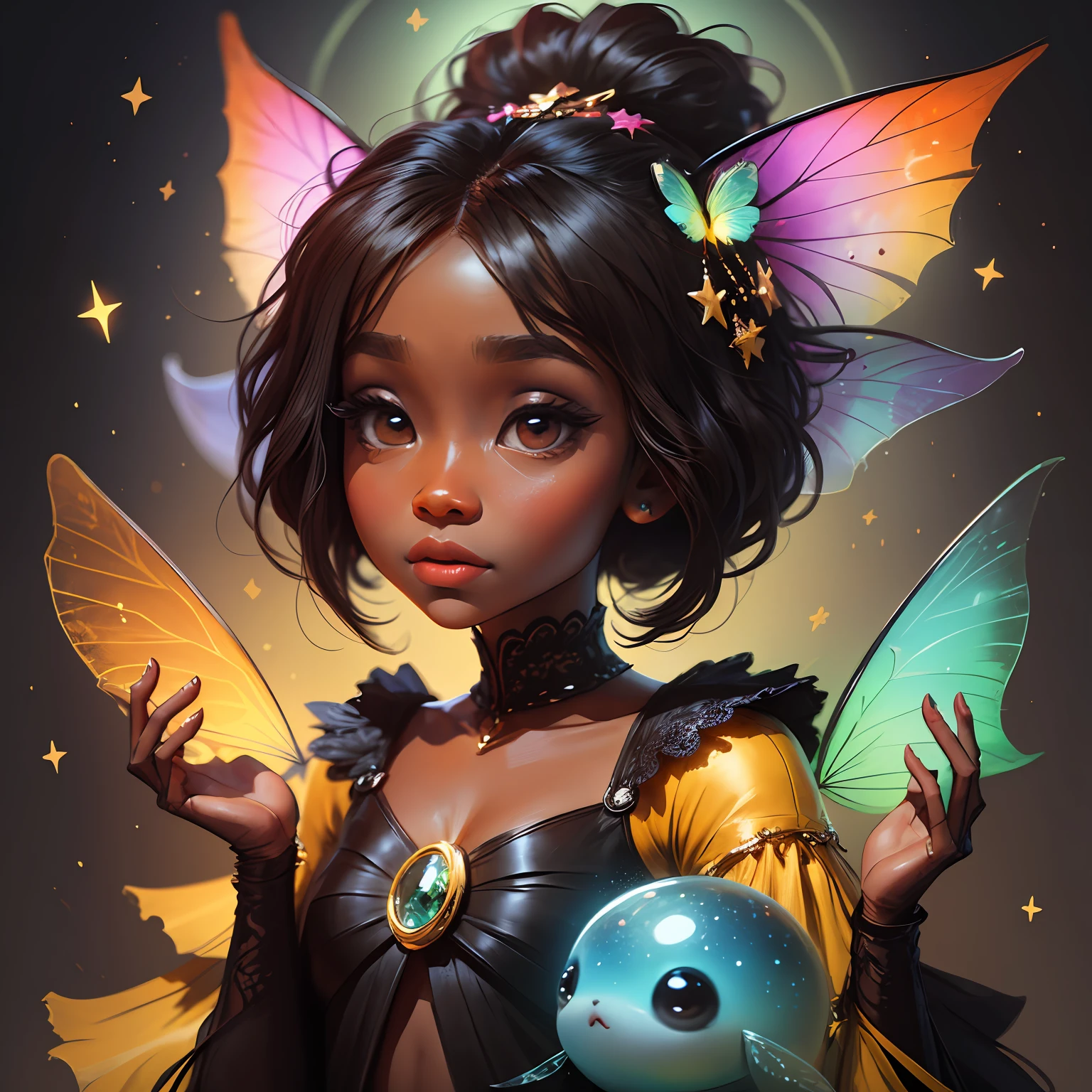 A detailed imaginative cute (((dark skin))) magical fairy with big cute eyes., vibrant colors, playful --auto