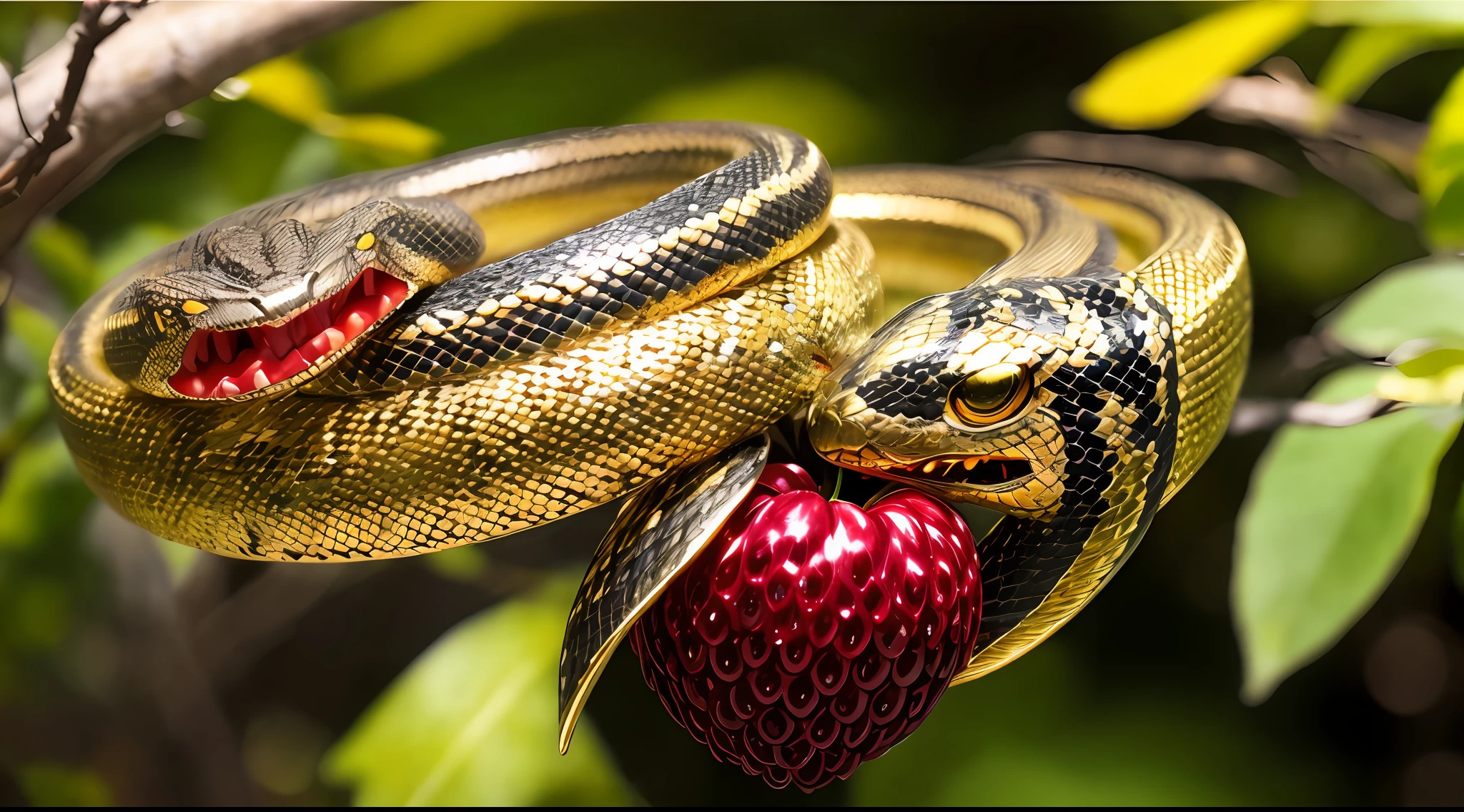snake with dragon wings shiny like polished gold in black tree in center with red fruit, masterpiece, high quality, high quality, highly detailed CG unit 8k wallpaper, award-winning photos, bokeh, depth of field, HDR, bloom, chromatic aberration, realistic, very detailed, trend in artstation, trend in CGsociety, complex, high detail, dramatic, art in the middle of the journey, Volumetric lighting