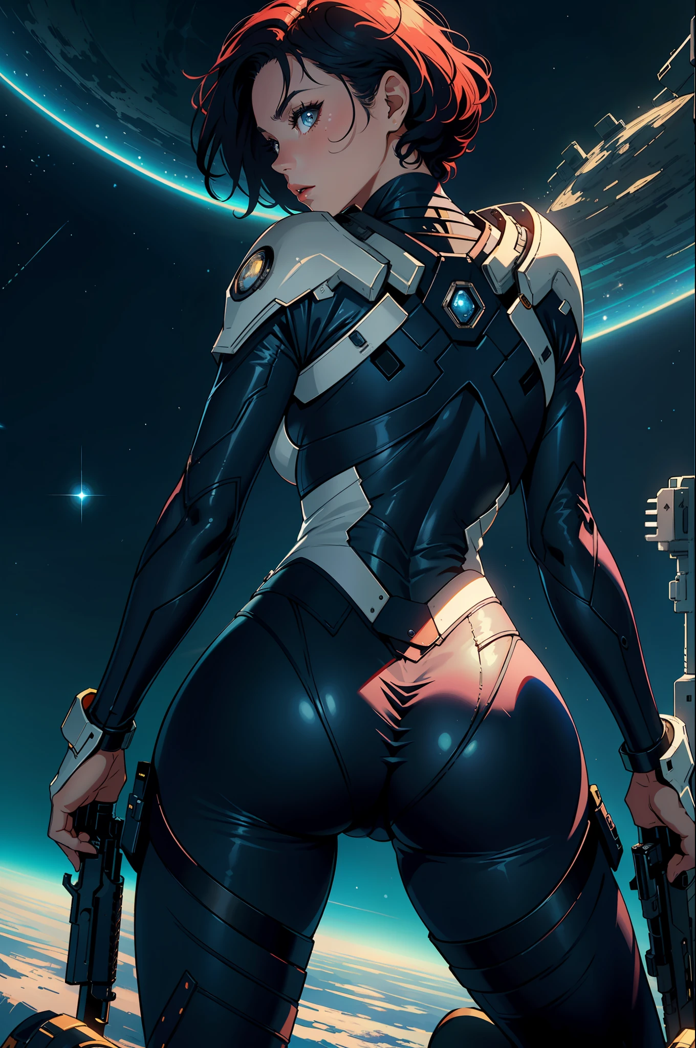 1girls，Female Star Warrior，Delicate and beautiful face，blushes，The lips open slightly，Hair color and dyeing，Busty boobs，Convex buttocks，Unidentified fluid on the buttocks，Dressed in a bodysuit，High-tech combat boots，Armed with a firearm，Weapons of the future，chest close-up，Close-up of buttocks，perfectly proportioned，Detailed clothing details，Liquid effect，space，heavenly body，Interstellar battlefield，Harsh war environment，detailed backgorund，high quailty，master-piece，8K，