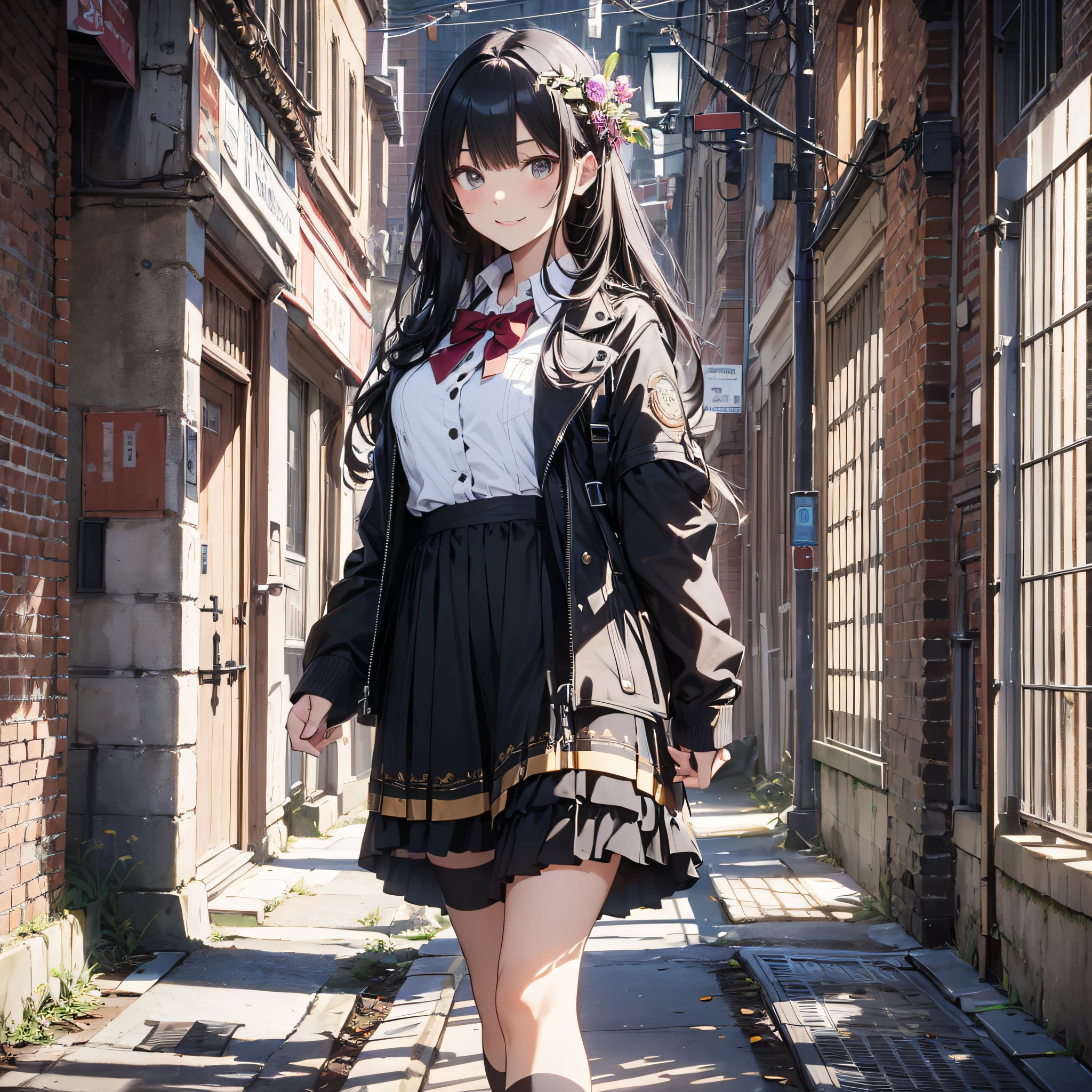 Ridiculous resolution,high resolutions,(master-piece:1.4),ultra-details,Campus outdoors,A black-haired young woman dressed in a school costume,Happy expression,Walking