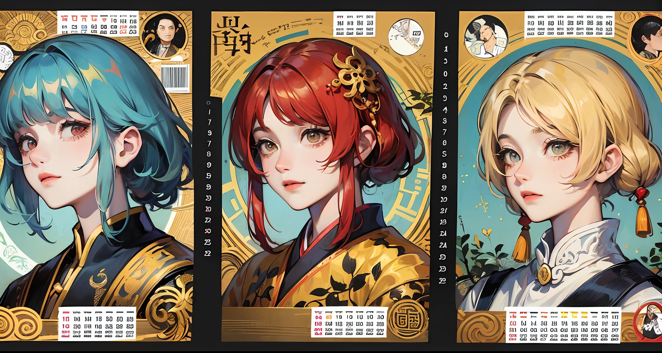 Calendar illustration of the Yellow Emperor's chronology，Including the era of the Yellow Emperor，Common Era，The correspondence between the lunar calendar and the heavenly stem and earth branches，and the historical background of the first year of the Western Zhou Republic，The faces of the characters are normal，Like a picture of a real human face --auto --s2