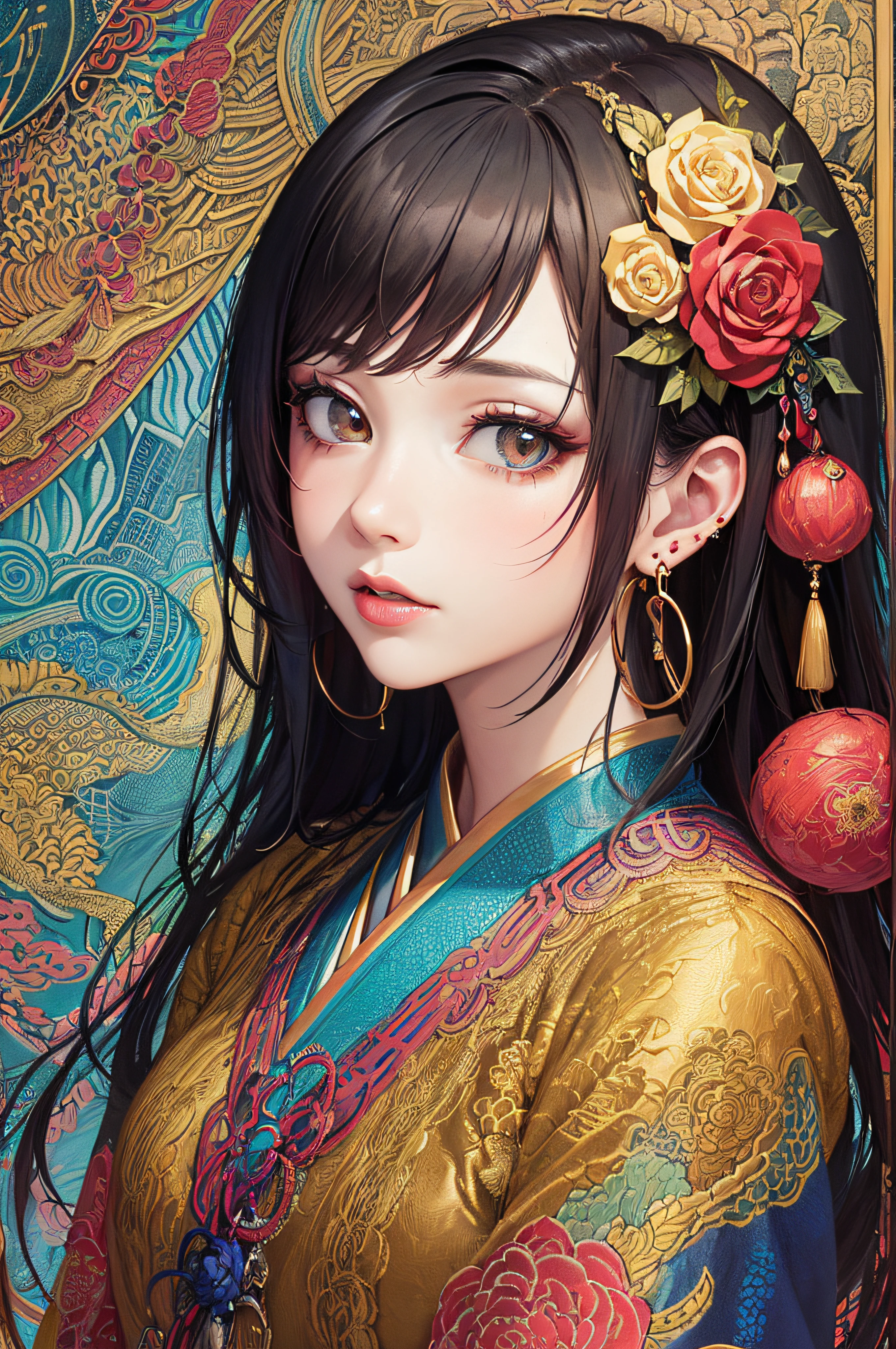 (masterpiece, top quality, best quality, official art, beautiful and aesthetic:1.2), (1girl:1.3), extremely detailed,(fractal art:1.1),(colorful:1.1)(flowers:1.3),highest detailed,(zentangle:1.2), (dynamic pose), (abstract background:1.3), (chinese Traditional cloth:1.2), (shiny skin), (many colors:1.4), ,(earrings:1.4),