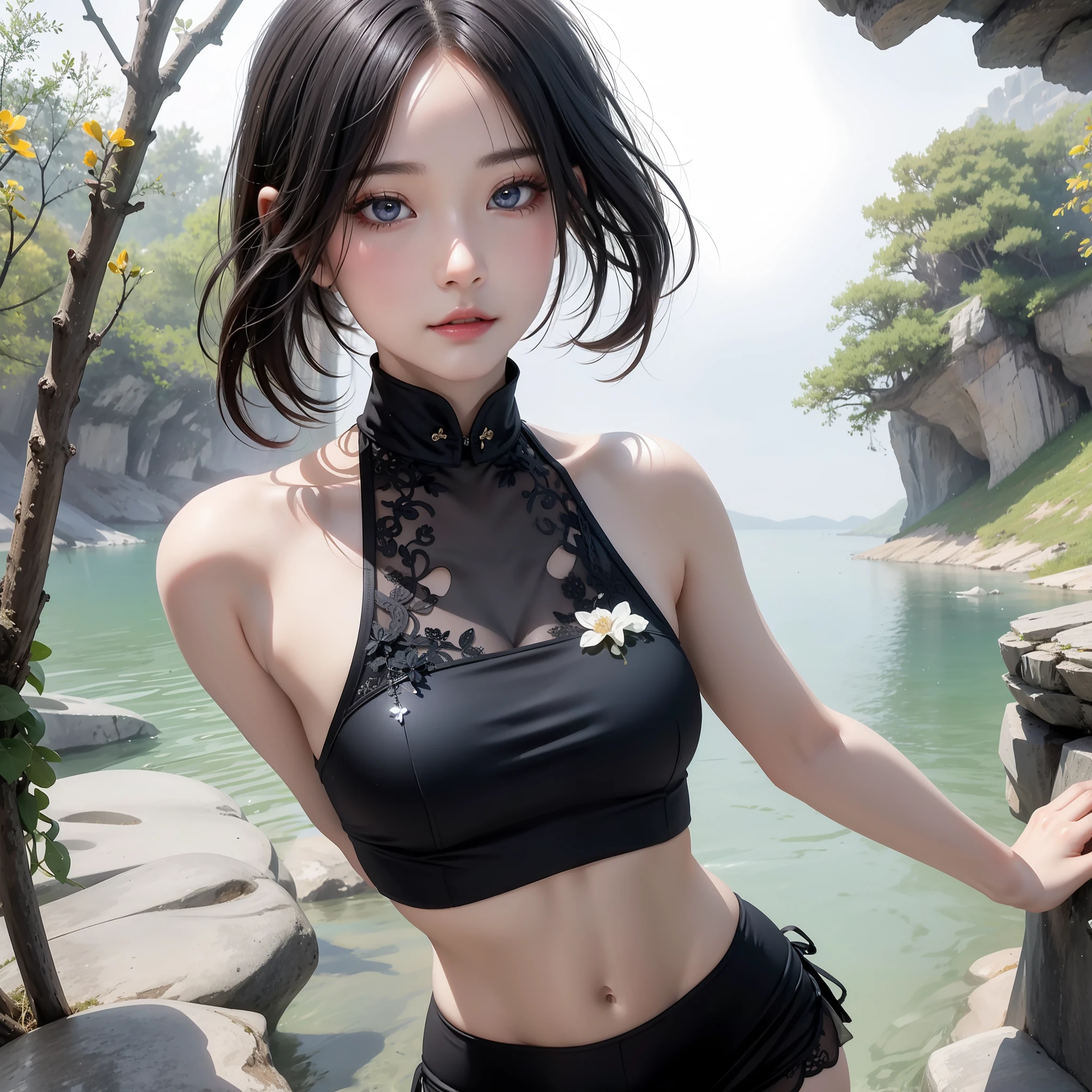 Sparkling lake,Trees overgrow,A hundred flowers argue。
Beautiful girl,Flowing hair and crystal clear lake water,untidy,Flowing,melt,Water mist effect,Elegant blue gradient,intricated,Rendu octane,depth。Graceful,Graceful,Small man's waist,Vest line,Long legs。
The bikini,Black stockings,
Detailed eyes,Starry eyes,shiny glistening eyes,incredible detail,Extreme close-up,a hyper realistic,muted colors,Baohe style painting,Transparent fragments,air bubbles,Flowing beads,Everything melts and flows,Fractal,8K