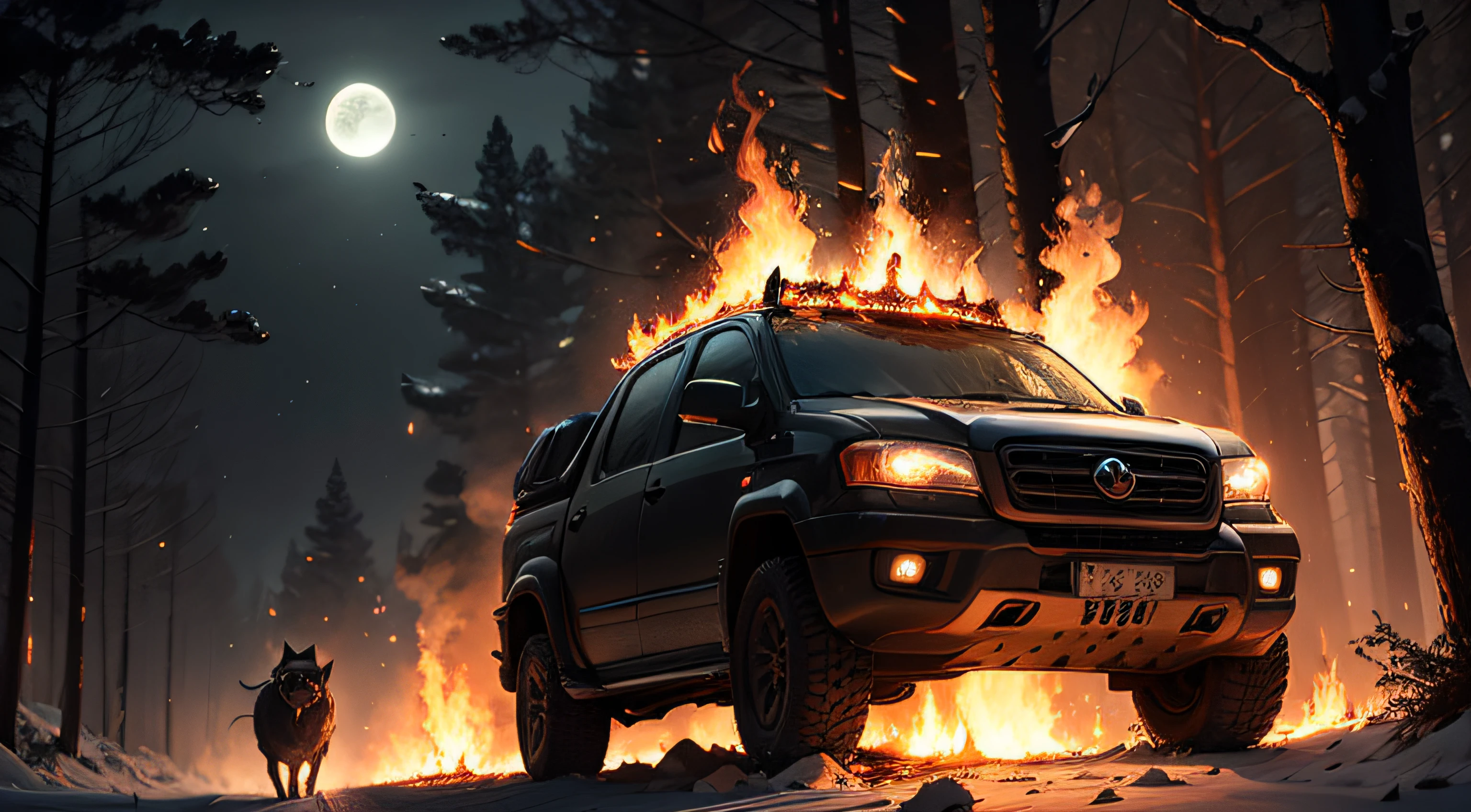 darkness,big fire,forests,Animals run wild,on night,Fire --auto