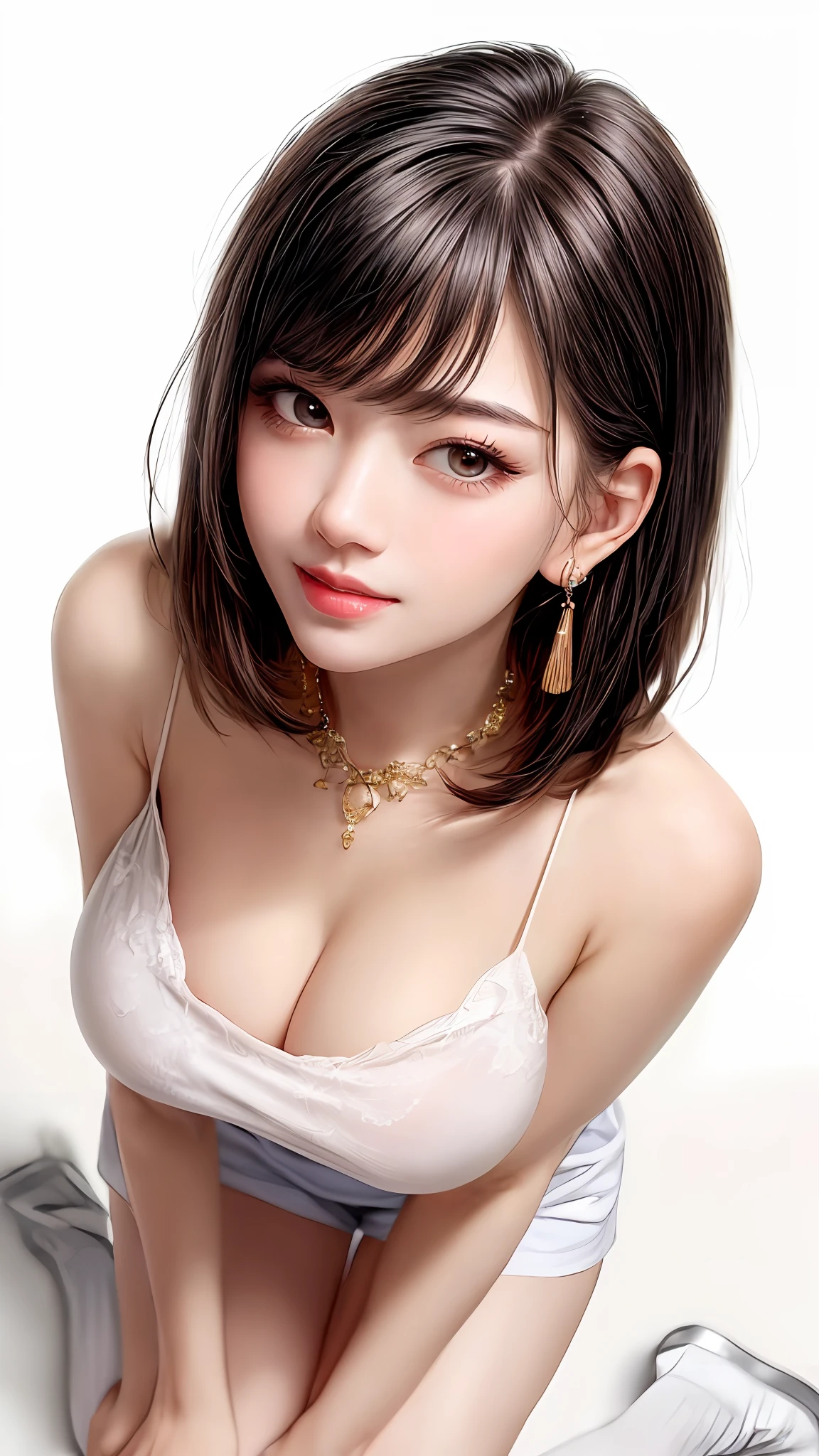 Pee(incontinence:1.47)、Fashion trendy beautiful and charming woman、Gentle and attractive Chinese beautiful woman、Korean(KPOP Idol)、Delicate and sexy collarbone、charming oval face、Double eyelidd、smart[peach]blossom eyes、Pink lips、small nose、bare shoulder、Focus on the face、[[close up of face shot]、ultra-highdetail、super-detail、White off-shoulder lace shirt、((White lace panties)、Fresh and impressive、 natural(up large:1.25)、(kneeling on the ground)、(legs wide open)、(spread leg)、(From a low angle)、(Upright 1.5)、(shinny skin:1.4)、(Low angle))、Perfect figure、areolas、chest cleavage、armpit crease、(Urine on the floor))、(NSFW:1.05)、(((Showpiece、maximum quality、High Accuracy))、1 girl、(giant boobs、pfotorealistic:1.4)、(((Slightly above the camera、Look up at the camera、looking up away、Look up at the camera、 Staring at the camera)))、solo、、White background、Snow White background、Keep your mouth shut、happy smiling、pretty black hair、ple short hair、big eye、pronounced double eyelids、eyelash、Ears out、long neck、long neck、Absolute Area、((close up of face shot、short hair with bangs))、19-year-old、Attractive proportions、shinny skin、Clean collarbone、Golden Ratio Face、flawless face、Teardrop mole、 mole on breast、Bangs、Clean bangs、Beautiful bangs、lipgloss、thin lips、White Skin Skin、I took off my clothes、big chest、Small face、Staring at the camera slightly upwards、((Smiling at the camera、Happy smile、Immaculate white background with nothing really、Immaculate white background with nothing really、Really pure white blank background、Very big big big、big chest))、(((uniformed、shirts、Staring at the camera、stare at viewer)))、(((F Cup Breasts、short clean hair)))