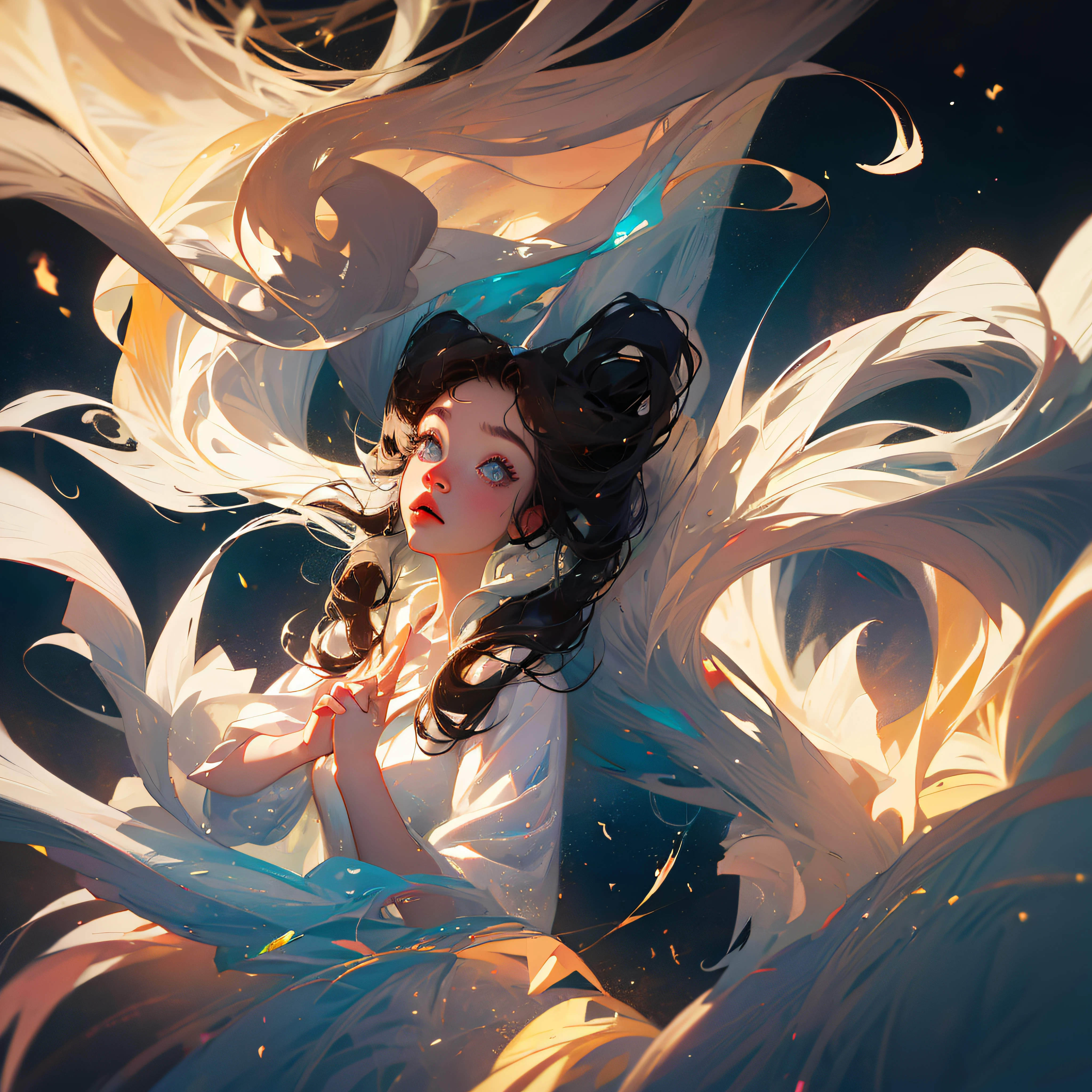angelic AI mysticism. Two girls in a mesmerizing spiral motion, extending their hands, looking upwards, colorless nail polish. --auto