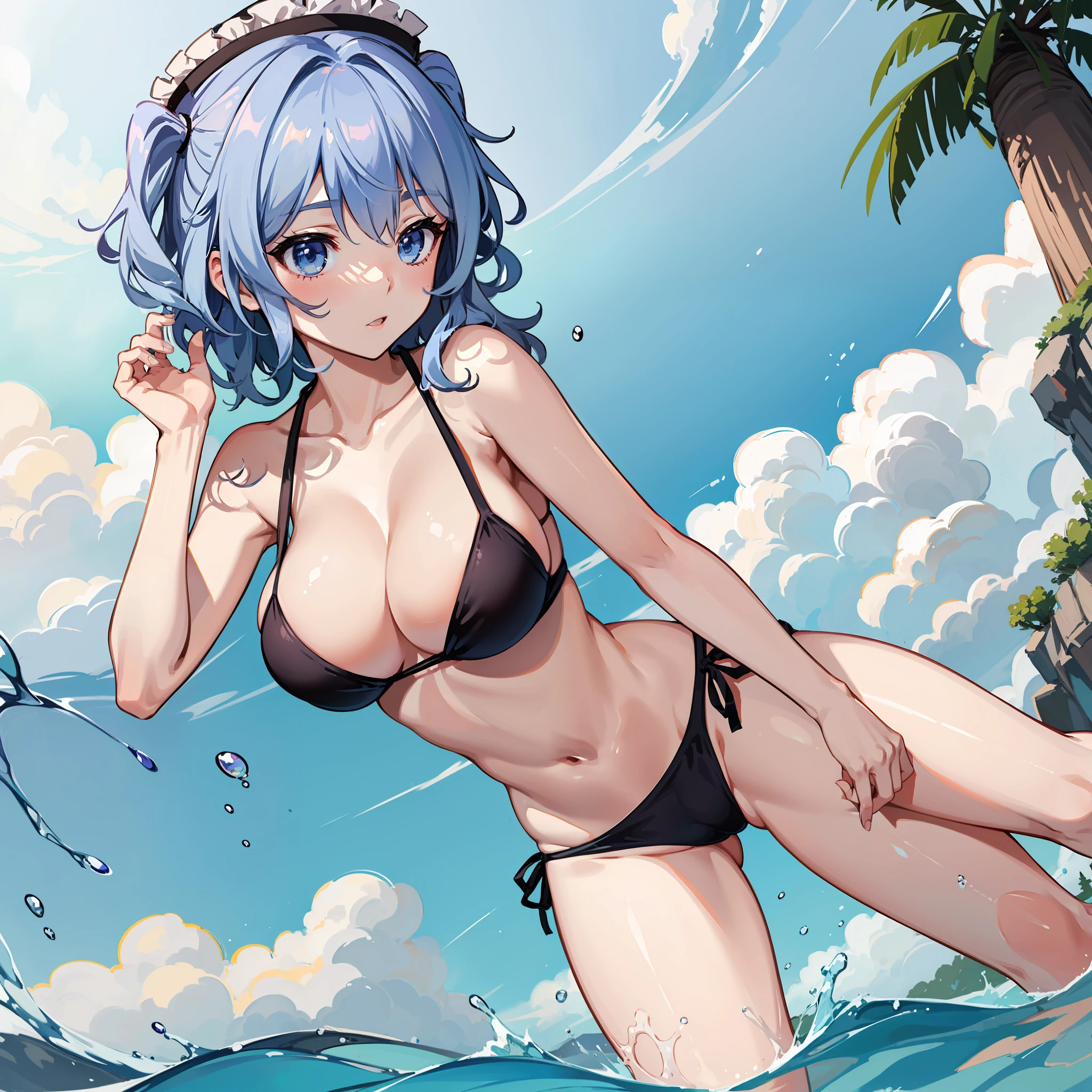 1女の子, Merlamp Rhythm River(Touhou Project), solo, swimming suit, Bikini, massive tits,,, side-tie bikini bottom, Bikini, Blue eyes, Light blue hair、short hair,, shyness, blushed, BEATCH