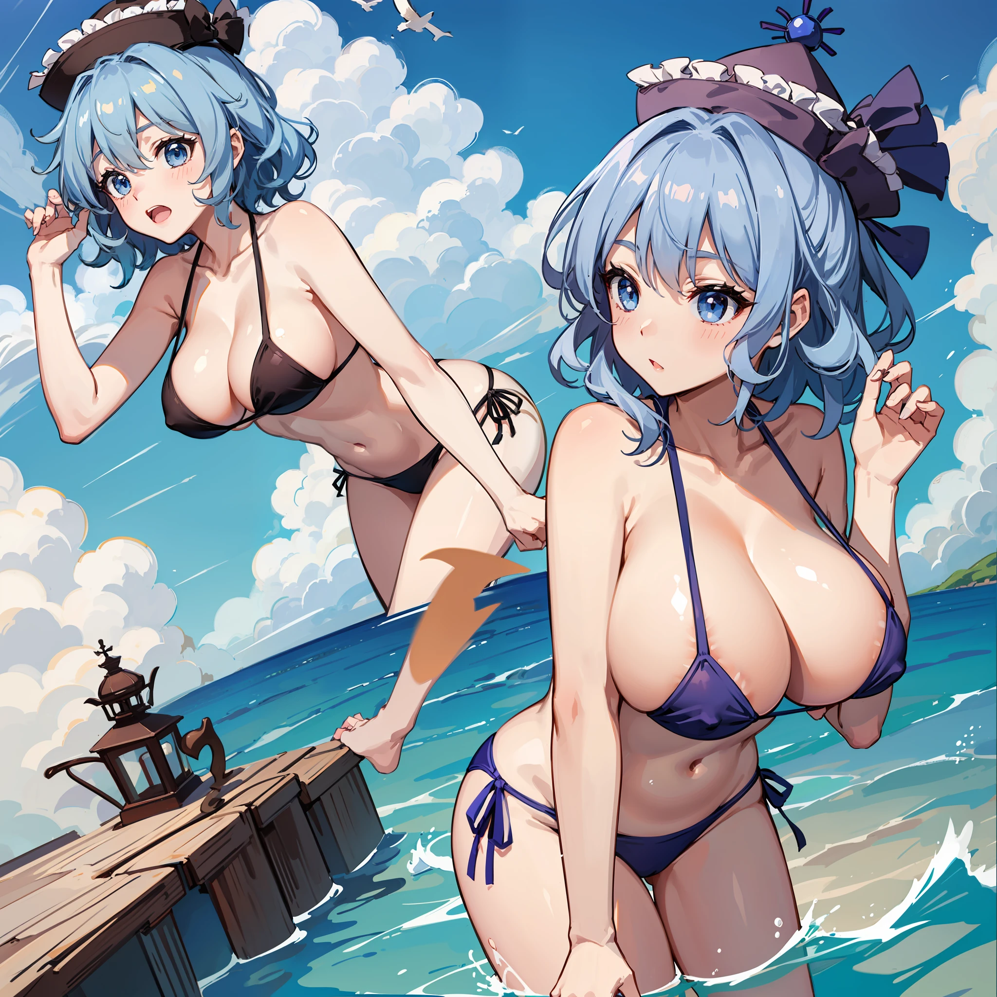 1女の子, Merlamp Rhythm River(Touhou Project), solo, swimming suit, Bikini, massive tits,,, side-tie bikini bottom, Bikini, Blue eyes, Light blue hair、short hair,, shyness, blushed, BEATCH