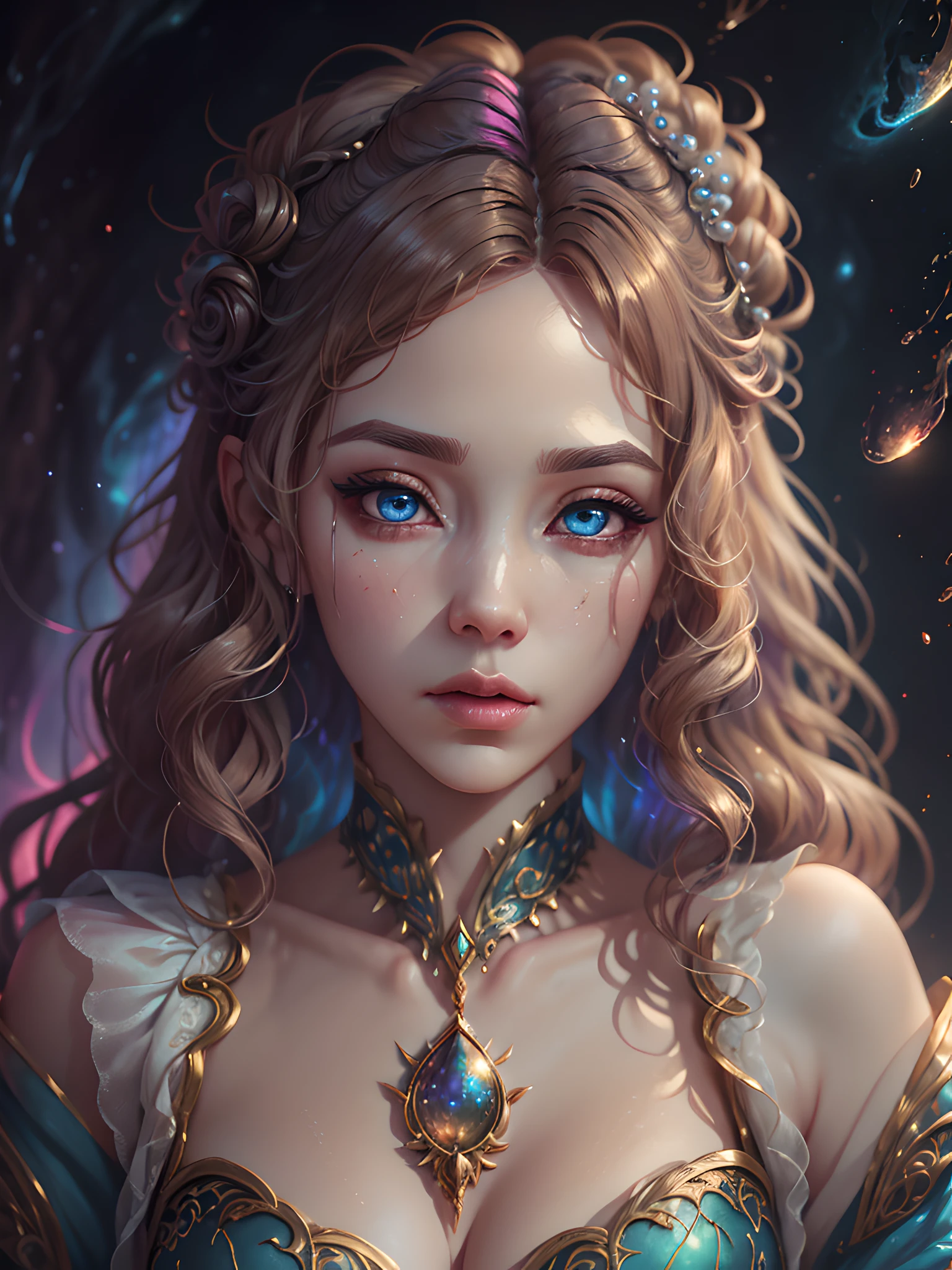 In the style of mythic and storybook fantasy, with rainbow colors. Generate a mature woman with a beautiful face. She is pouting. She has beautiful detailed eyes, 8k eyes, hires eyes, and realistic eyes. She has puffy lips and a big mouth. She has curly hair with a realistic texture, curls_hairstyle, side_swept_hair. Her clothes are made of silk and pearls, with intricate embroidery, wearing hc_gown.  ((Kimtaeyeon:1.2)), fantasy art, realistic art, subsurface scattering. Include phantasmal iridescence, bumps, and saturated colors. Include many fantasy and celestial details. Intricate details, enhanced details, CGI, unreal engine, unity engine, Fantasy00d:0.5, fantasy character, perfect body, masterpiece int, ((masterpiece)), ((fantasy clothing)), beautiful lighting, Light: Utilize innovative lighting techniques that enhance her eyes and enhance small details in the artwork. Camera: Utilize dynamic composition techniques to create an action-packed image that takes viewers on an adventure.