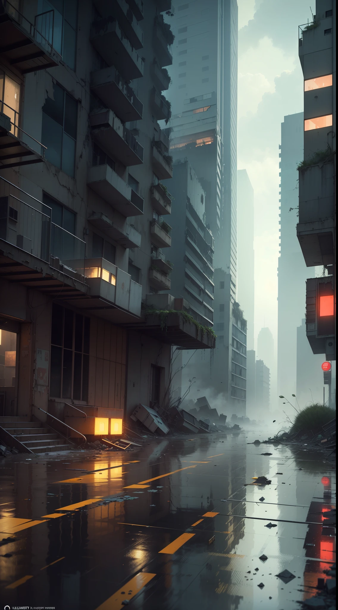 ((obra-prima)), ((melhor qualidade)), ((realista)), Digital painting depicting a futuristic city after a fallout event. The corroded and rusty skyscrapers stretch skyward, while remnants of advanced technology are visible amid the wreckage. O neon vibrante ilumina as ruas desertas, reflecting in puddles of radioactive water. Abandoned robots roam the streets, silent witnesses to a collapsing civilization. The air is charged with a gloomy atmosphere, But a ray of hope is represented by a small vertical garden that blooms between the buildings, symbolizing human resilience. This high-quality digital painting captures every detail and essence of this futuristic post-apocalyptic setting, conveying a sense of beauty and melancholy at the same time.