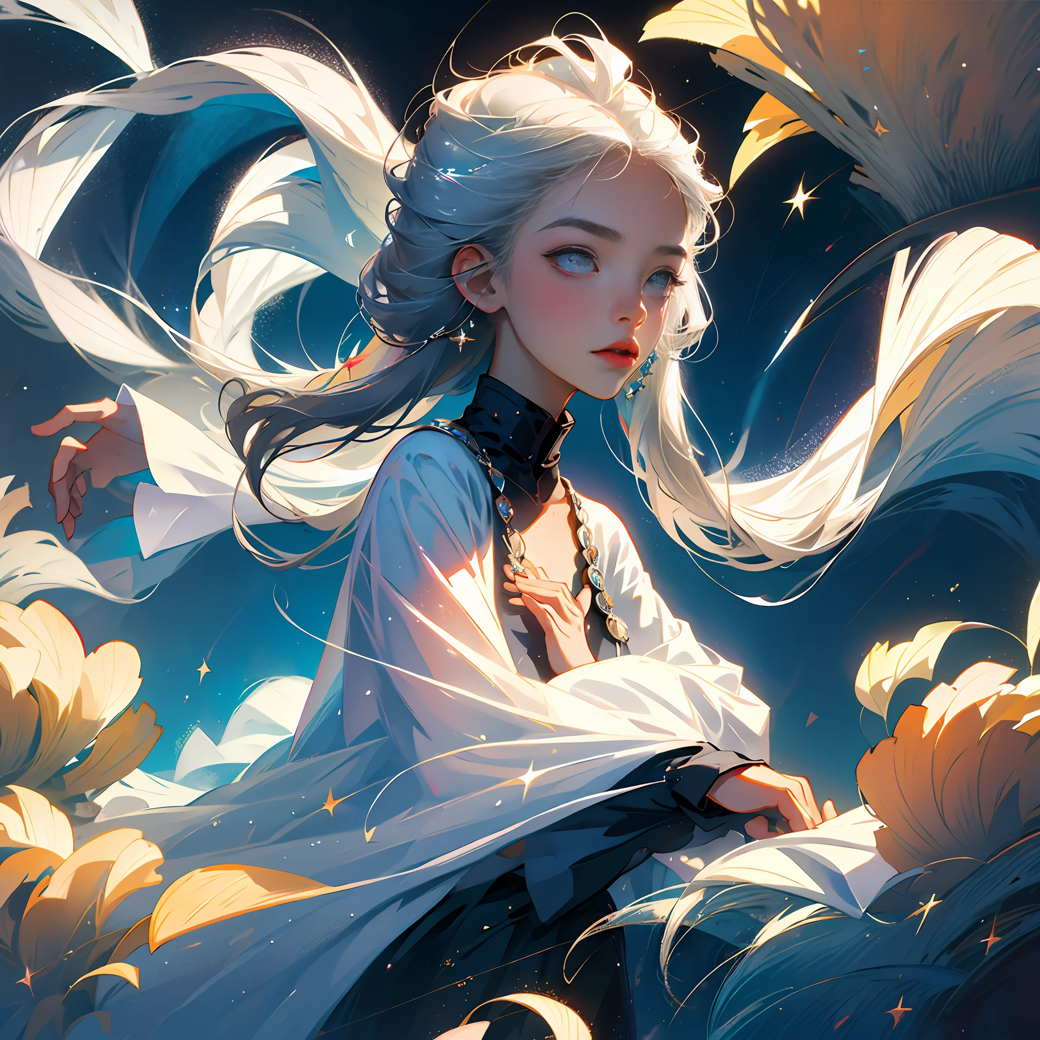 angelic AI mysticism. Two girls in a mesmerizing spiral motion, extending their hands, looking upwards, colorless nail polish. --auto
