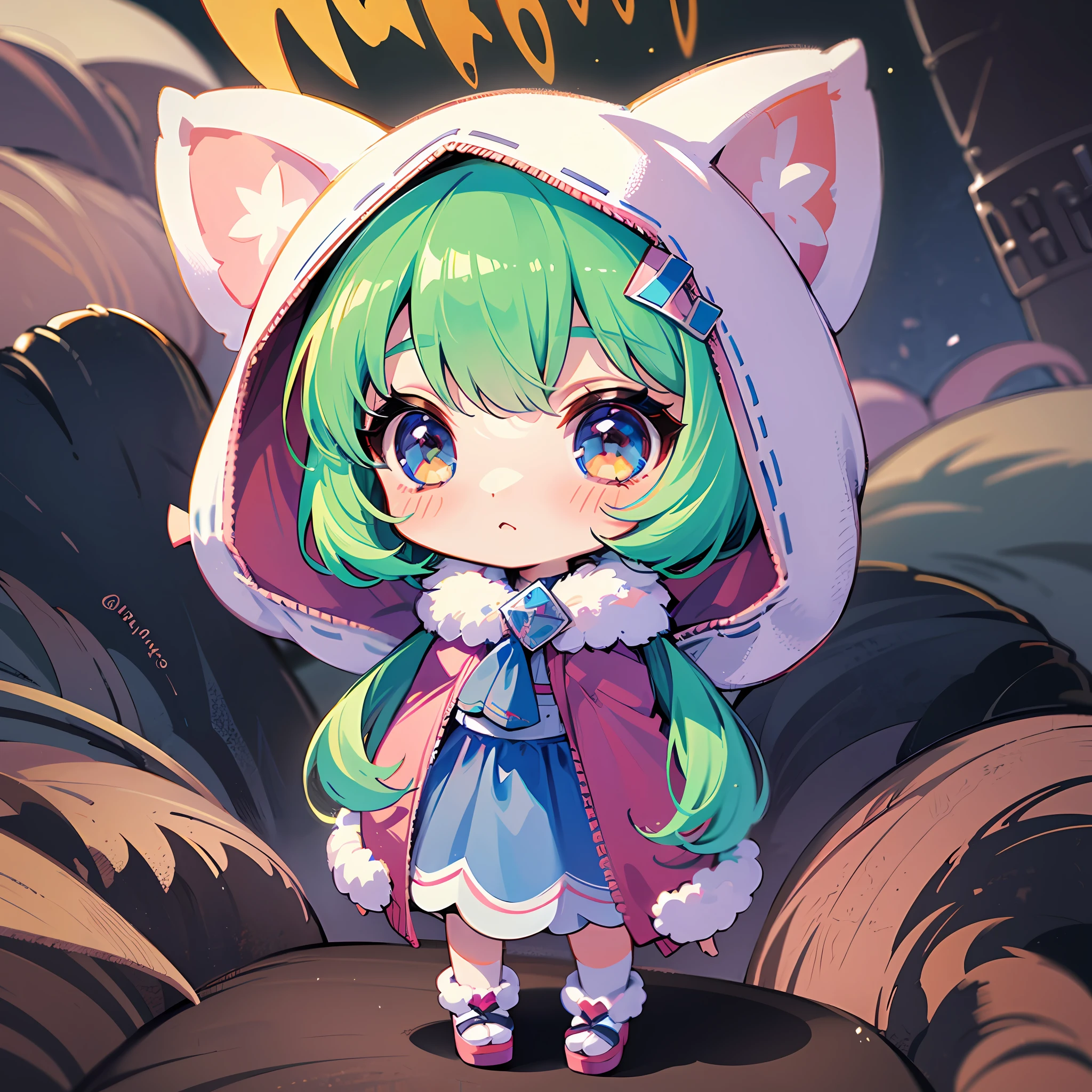 ((Chibi Chara)), Fluffy, Girl, (((Patagonia girl)), Chibi Chara, Full body, Pastel Hair, Masterpiece, Best Quality, 16k