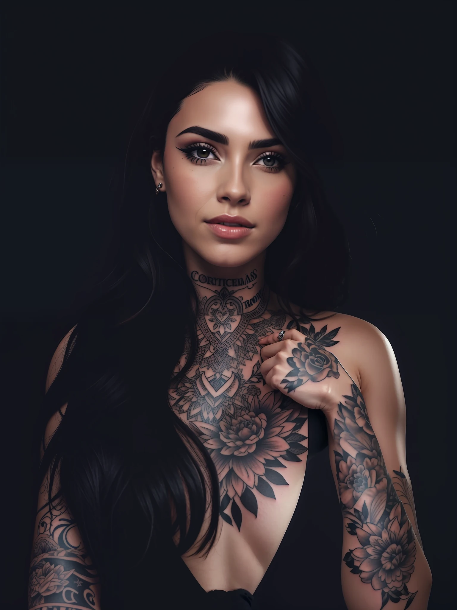 a woman with tattoos on her arms and chest, corpo superior realista bonito, corpo e rosto bonitos e detalhados, pele detalhada, Rosto e corpo detalhados, tatuagens por toda a pele, corpo e rosto detalhados, wlop pele brilhante, digital com tinta, pele altamente detalhada, pele tatuada, rosto e corpo extremamente detalhados, corpo inteiro detalhado, corpo intrincado, parte superior do corpo intrincada, Very detailed skin