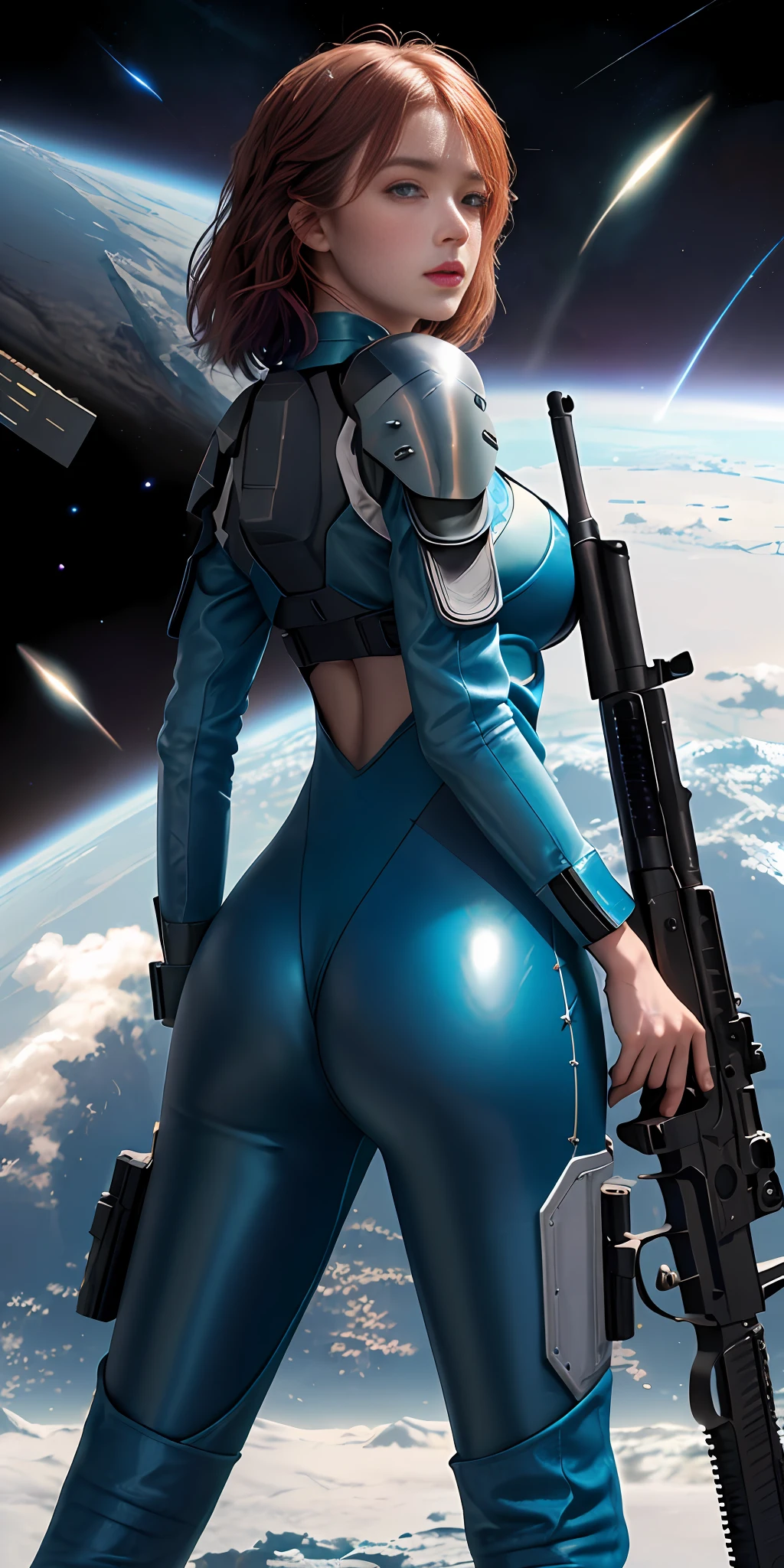 1girls，Female Star Warrior，Delicate and beautiful face，blushes，The lips open slightly，Hair color and dyeing，Busty boobs，Convex buttocks，Unidentified fluid on the buttocks，Dressed in a bodysuit，High-tech combat boots，Armed with a firearm，Weapons of the future，chest close-up，Close-up of buttocks，perfectly proportioned，Detailed clothing details，Liquid effect，space，heavenly body，Interstellar battlefield，Harsh war environment，detailed backgorund，high quailty，master-piece，8K，