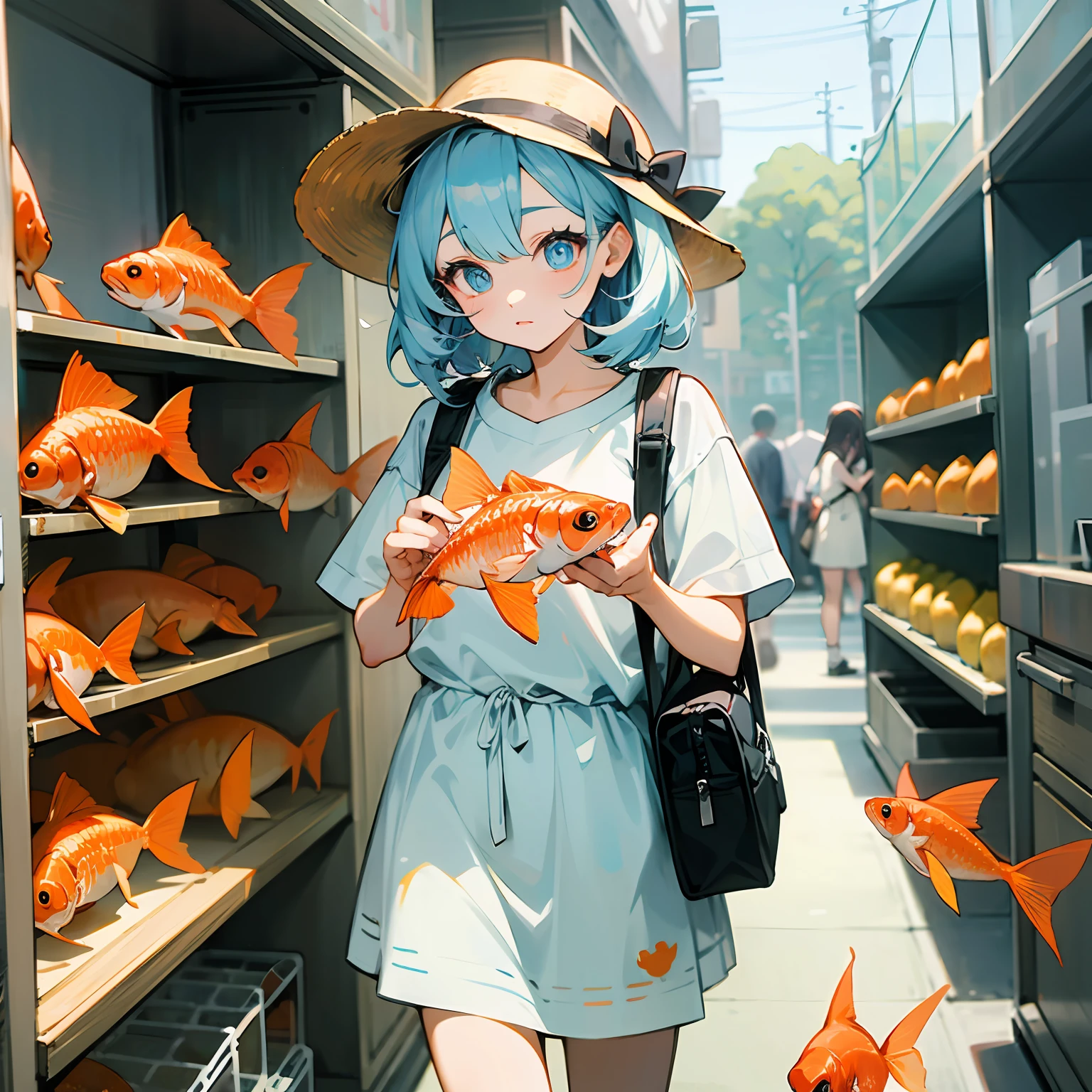 Photo, The girls、jp, Clothing product samples, Girl scooping goldfish, colored contacts in her eyes, Full body , In summer