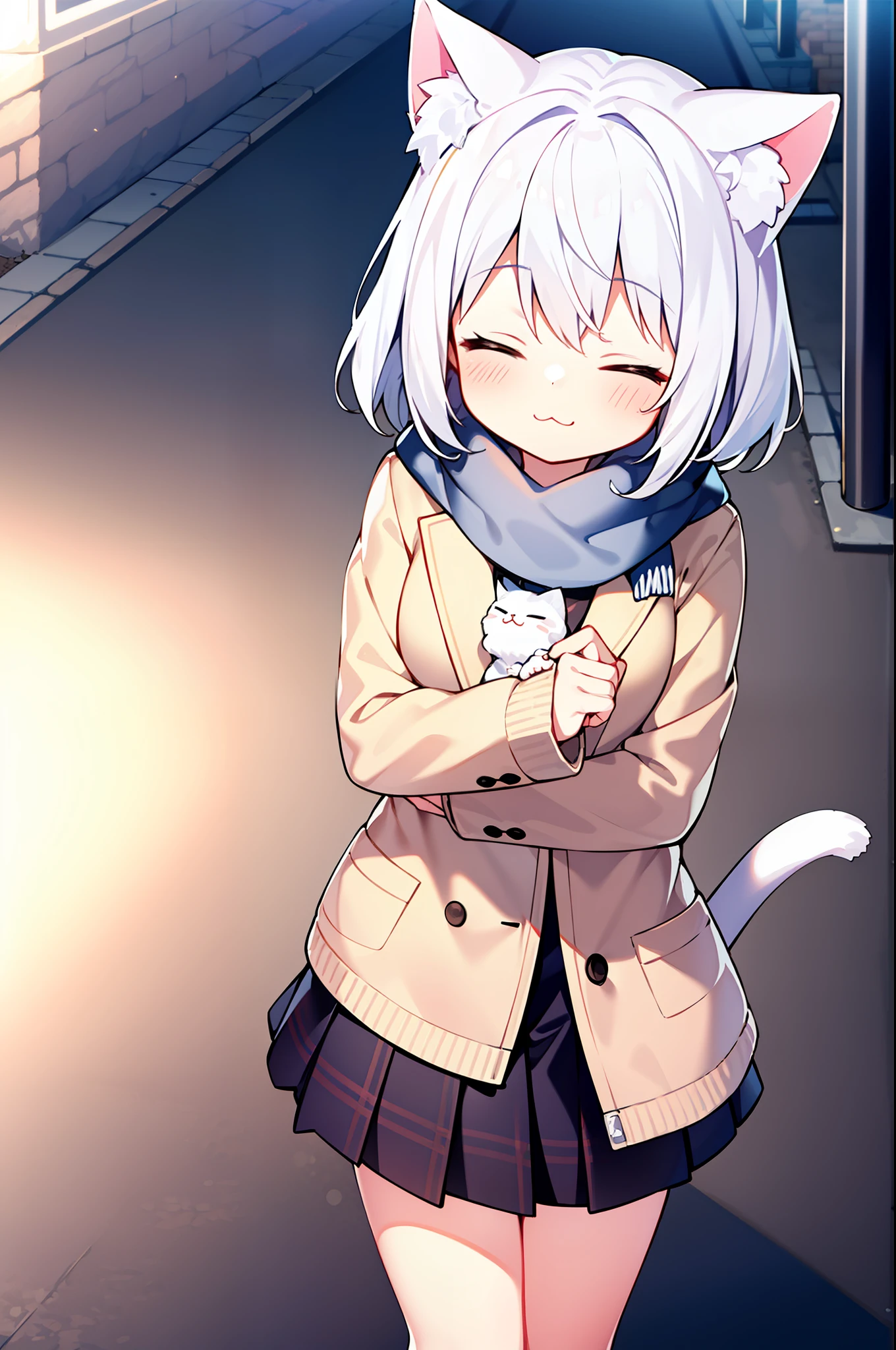 masterpiece, best quality, 1girl, white hair, medium hair, cat ears, closed eyes, looking at viewer, :3, cute, scarf, jacket, outdoors, streets,