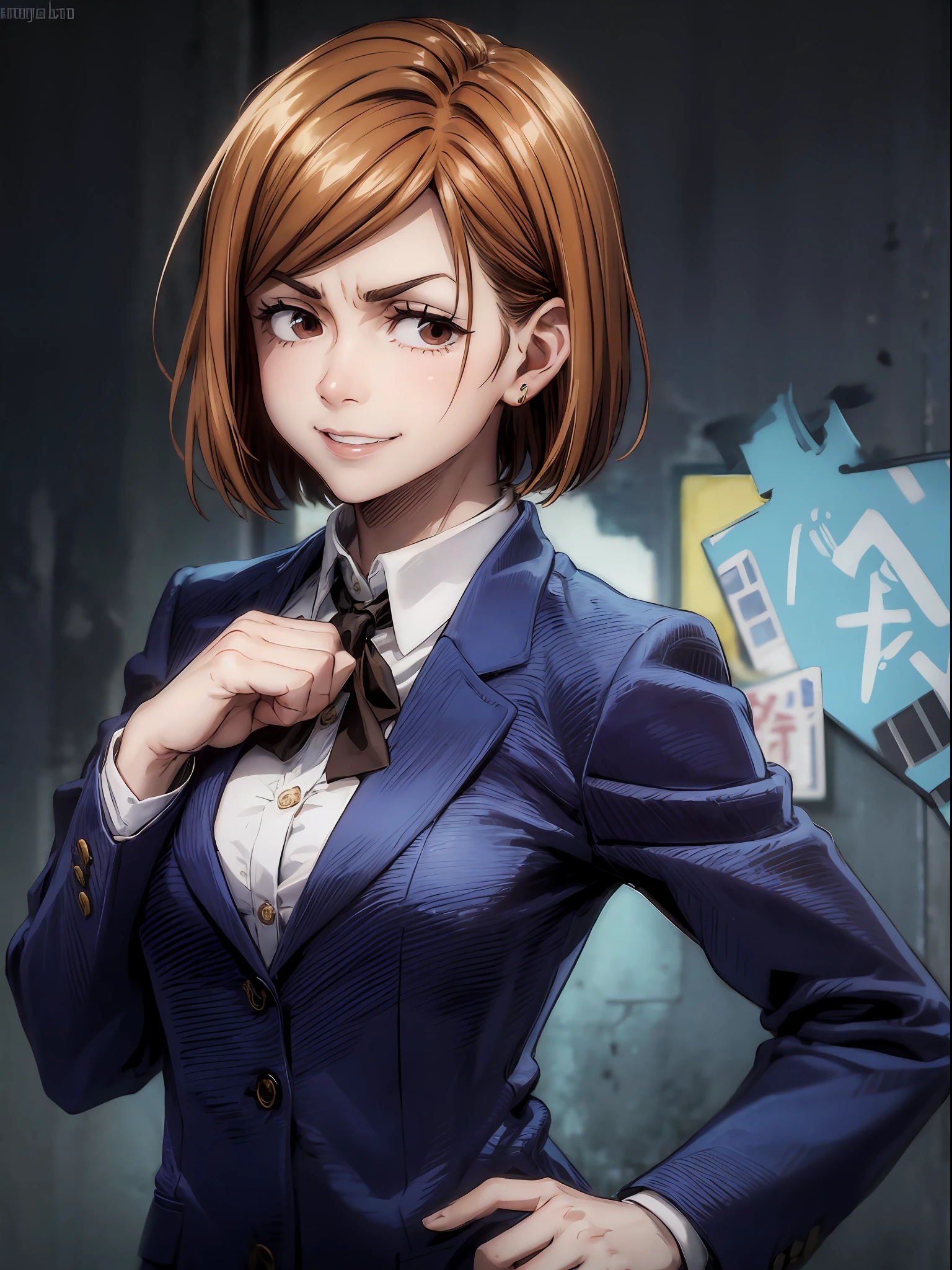 nobara_hppy、Brown hair、short hair、Brown eyes、Black Blazer、Student uniform、(wrinkles between the eyebrows)、Hands on the hips、Bloody、Invincible smile、Bloody