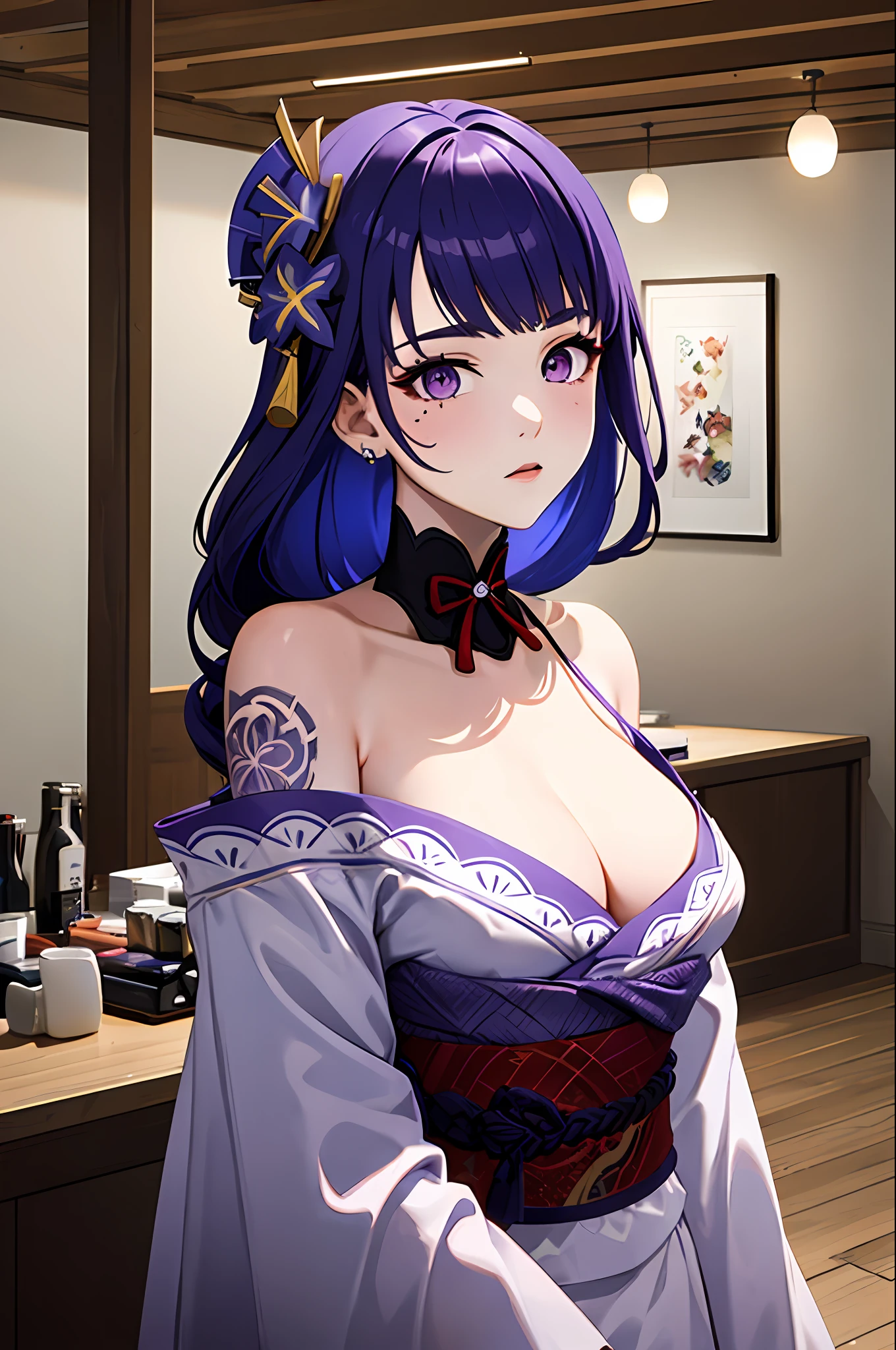 Raiden, genshin impact, (masterpiece, top quality, best quality, official art, beautiful and aesthetic:1.2),1girl, tattoo, solo, japanese clothes, hair ornament, unsheathing, purple hair, braided hair, sheath, ((tattoo)), shoulder tattoo, purple eyes, off shoulder, bare shoulders, flower, looking at viewer, makeup, indoor, blush, ear piercing, breast tattoo, neck tattoo, hand tattoo,