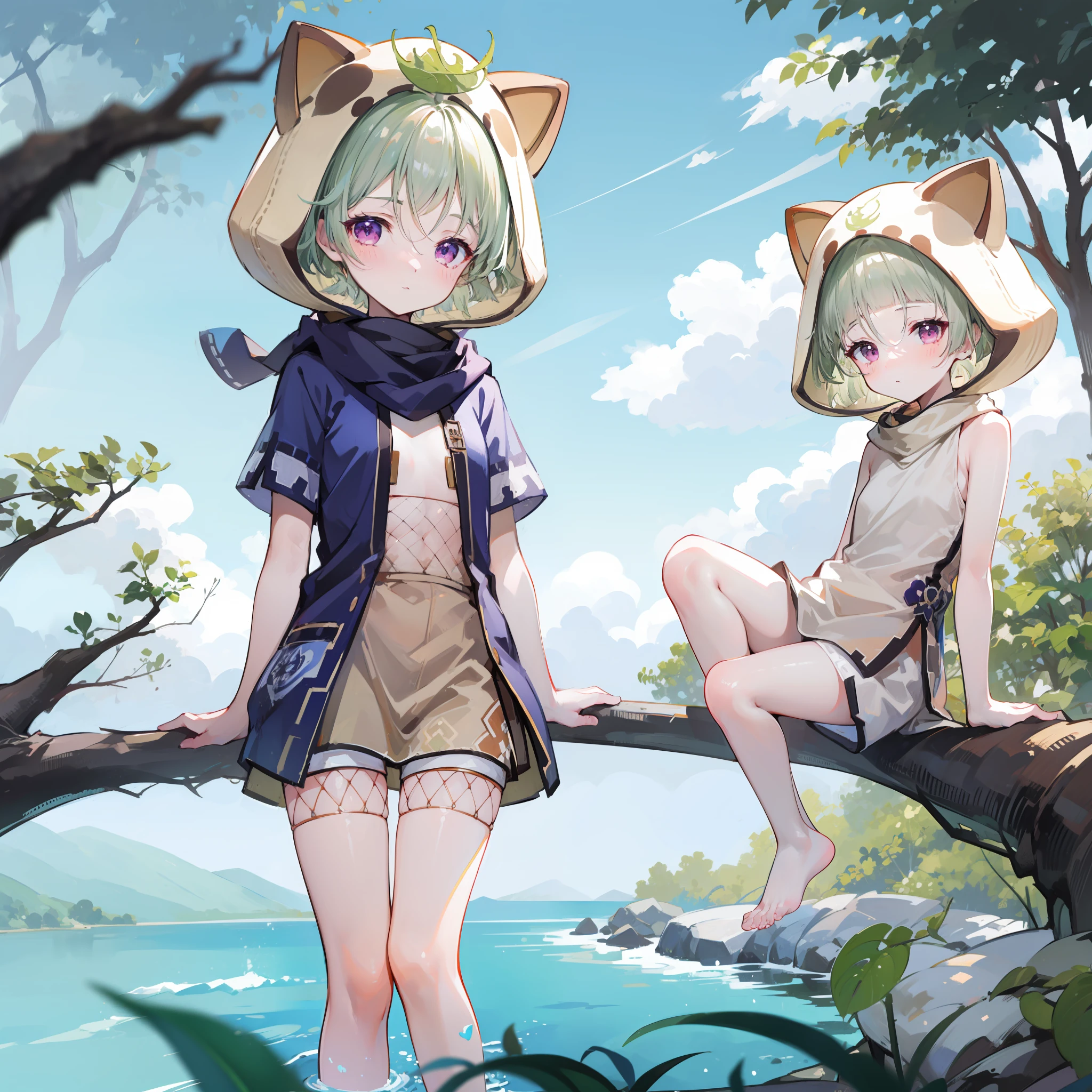 blushes, out door, During the Day, background simple, bluesky, Rippled hair, looks at the viewer,Lori, The expression is cute,Small short legs,avatar,High-quality underwear,Shying,solo,1girls,Q version,naked shoulders,White tights