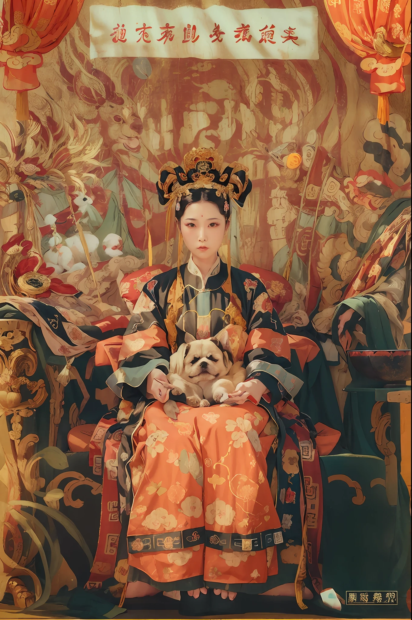 Classical painting of the Qing Dynasty，Wearing gorgeous silk, Empress Dowager Cixi of the Qing Dynasty，At his feet is a puppy Pekingese，The details are beautifully depicted，The royal atmosphere is strong，The picture is magnificent。