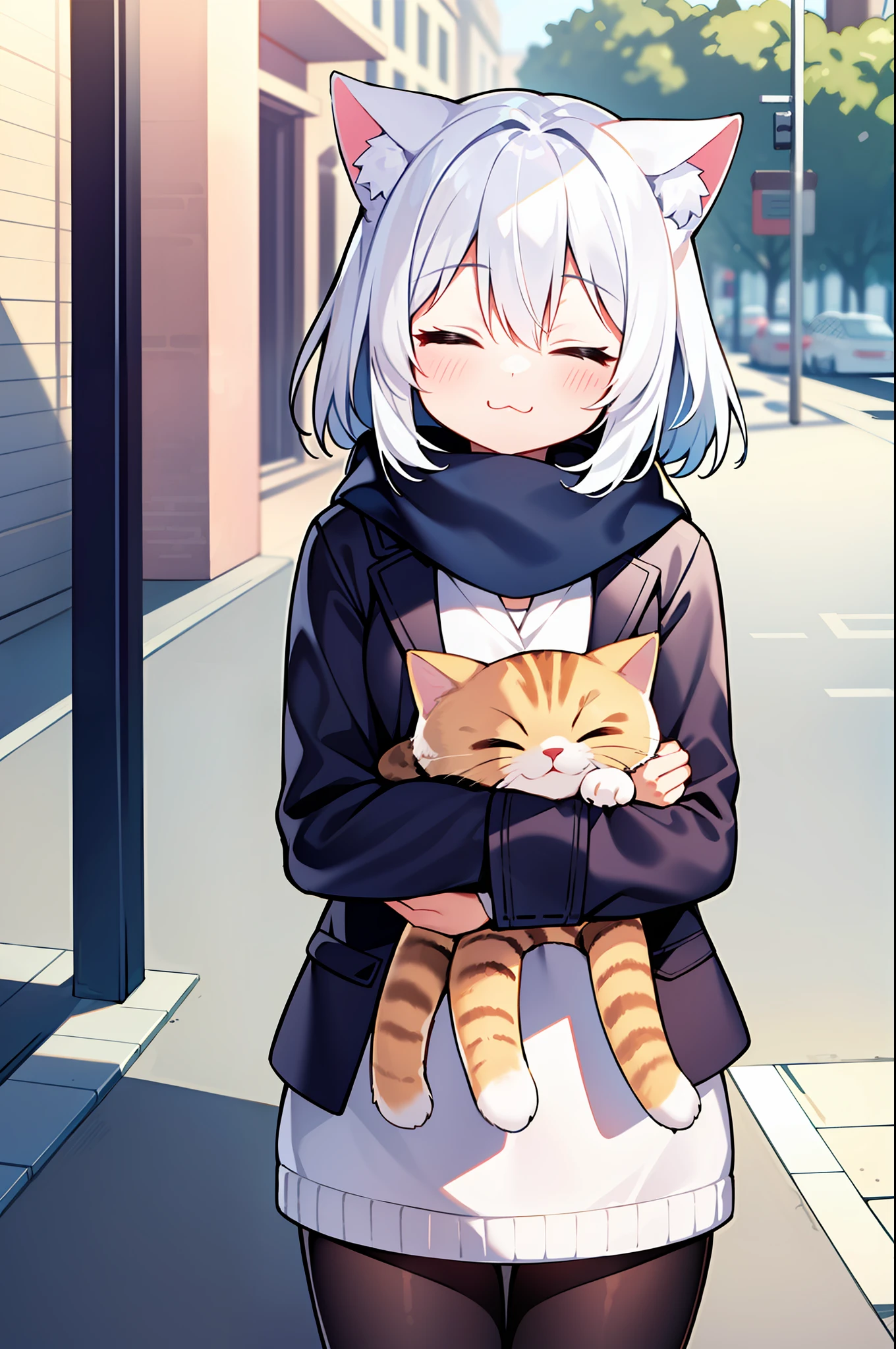 masterpiece, best quality, 1girl, white hair, medium hair, cat ears, closed eyes, looking at viewer, :3, cute, scarf, jacket, outdoors, streets,