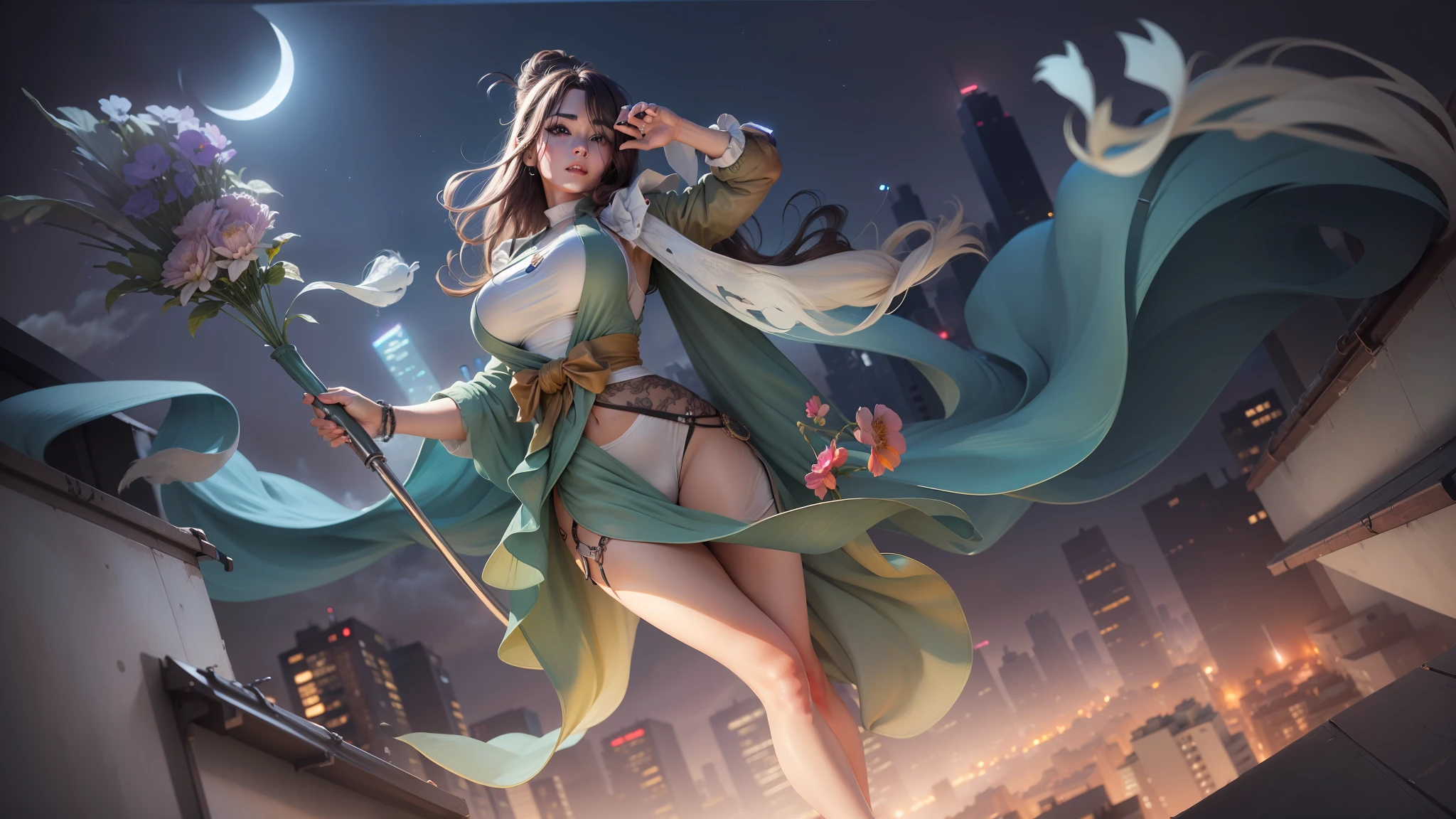 ((Midnight, Best quality, 8k, Masterpiece :1.3)), Whole body, Long legs, Sharp focus :1.2, A pretty woman with perfect figure :1.4, Slender abs :1.1, ((Dark brown hair, :1.2)), (White tight tshirt, Jean bib, Standing:1.2), ((Night city view, Rooftop:1.3)), Highly detailed face and skin texture, Detailed eyes, Double eyelid
