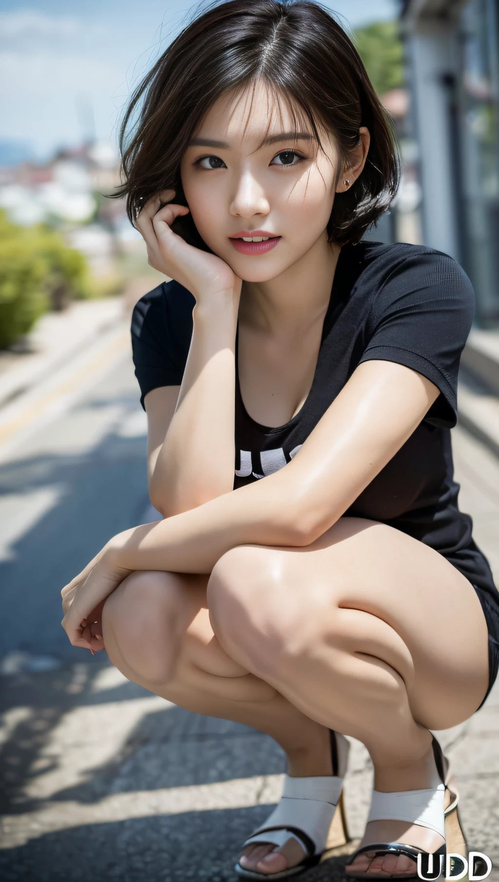 (Best quality, 8k, 32k, Masterpiece, UHD:1.2),Photo of Pretty Japanese woman,black short hair,beauty face,(leaning forward:1.3),squatting,(from above:1.2),(close up:1.4),pov,loose t-shirt,large breasts,(beautiful nipple slip:0.9),outdoors,windy,shiny skin,blurry background,