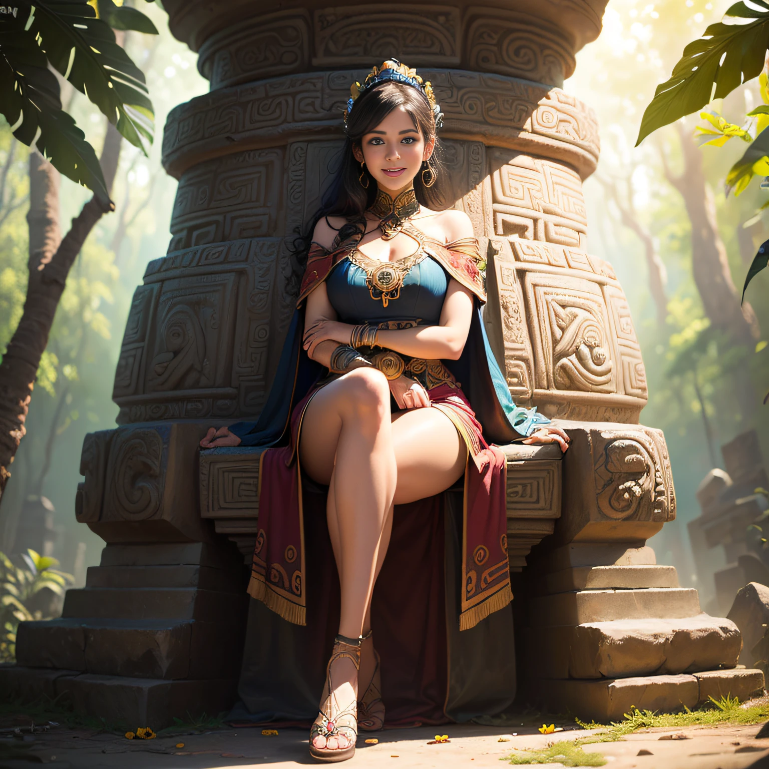 ((Mayan civilization)), ((archaeological site)), ((stela monuments)), glyph carvings, vibrant colors, jungle backdrop, ancient history, intricate details, temporal lobe activation. Boris Vallejo Style (( colorful girl, full body, smiling, she is very attractive and beautiful,) wearing natural outfit.) sitting in a stone in a sun-drenched garden filled with vibrant flowers and buzzing insects. ((in the style of Henry Rousseau)), extremely detailed cg unity 8k wallpaper, high detail, photorealistic painting art by midjourney and Greg Rutkowski, matte, Bryan organ, best quality, high quality, extremely detailed cg unity 8k wallpaper, HD r, trending on art station, trending on cg society, high detail, art by midjourney. ((cinematic shot photo taken by canon 7d, style. 8K, ultra high definition, sharp imagen. realistic, ornate, vivid art station, Alphonse Mucha, Ayami kojima))