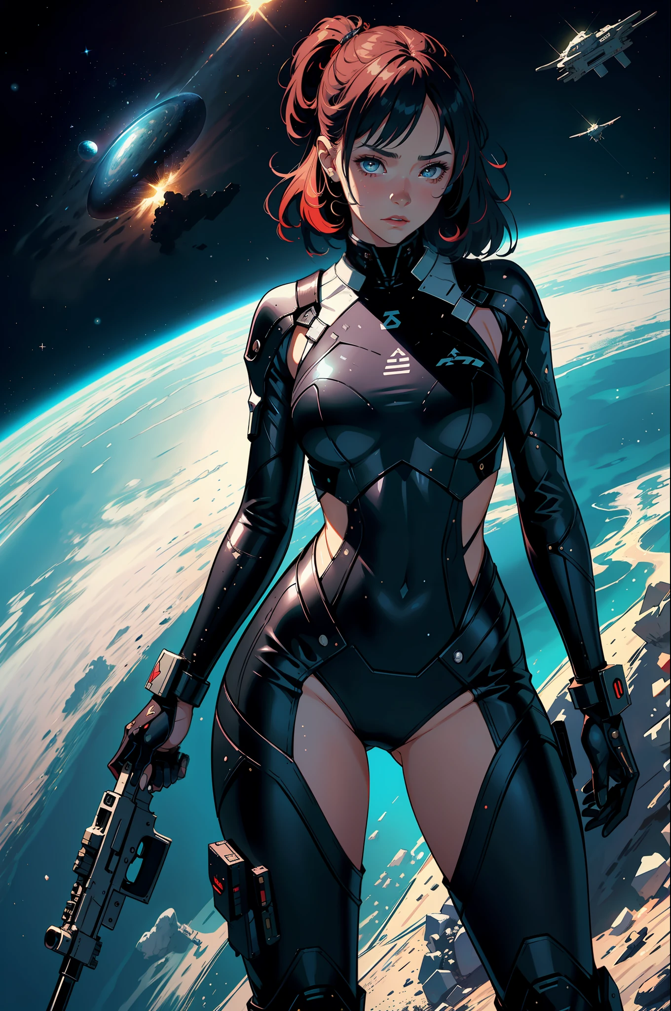 1girls,Female Star Warrior,Delicate and beautiful face,blushes,The lips open slightly,Hair color and dyeing,Busty boobs,Convex buttocks,Unidentified fluid on the buttocks,Dressed in a bodysuit,High-tech combat boots,Armed with a firearm,Weapons of the future,perfectly proportioned,Detailed clothing details,Liquid effect,space,heavenly body,Interstellar battlefield,Harsh war environment,detailed backgorund,high quailty,master-piece,8K,