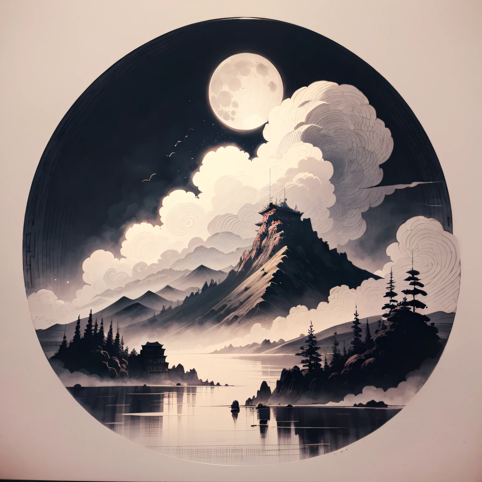 Traditional Chinese ink painting，With concise brushstrokes and ink colors，Be left blank，Landscape water and floating clouds, The old man on the mountain only has a back，Looking at the moon in the distance -