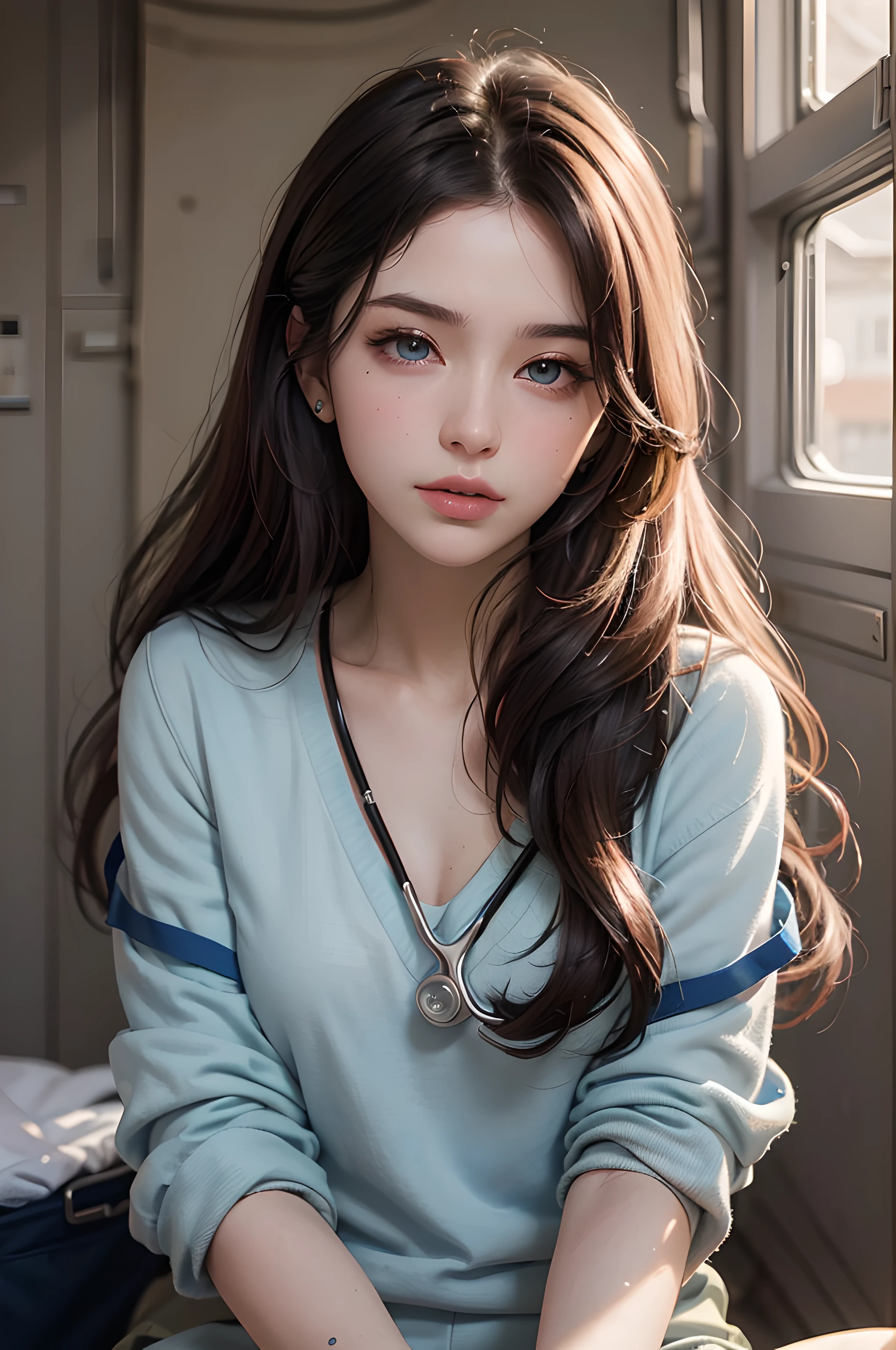 (masterpiece), (portrait), (aesthetic), (beautiful), (upper blody), (high quality), (aesthetic clothings), (professional angle), (rule of thirds), (Feminine), (woman), (female), (beautiful),(feminine features), (21 years), solo, 1 woman, (attractive American), Any, (Dust or Medical Tent), (Day), (Soft light), ((Treating Wounded Soldier)), (Holding Medical Supplies ), ((Looking Down Face)), ((Compassionate)), (Natural Make-up), (Moderate Bust), (Medical Bag, Stethoscope), ((very Long Hair)), (Brunette Hair), (Straight Hair), (Loose Waves hair), (- in Hair), (Wide Open Eyes), (Light Blue Eyes), (Caring and Strong Look), Fair skin, (Subtle Medical Details Clothing), (Combat Medic Uniform), (-), (Cargo Pants ), (V-neck Neckline), ((Military Base or Field Hospital background)), (Medium Shot), beautiful hands, two hands, normal hands, two arms, complete hands, beautiful body, beautiful fingers, normal fingers, five fingers, five fingers, beautiful ears, normal ears, beautiful eyes, shiny eyes, beautiful mouth, beautiful lips,