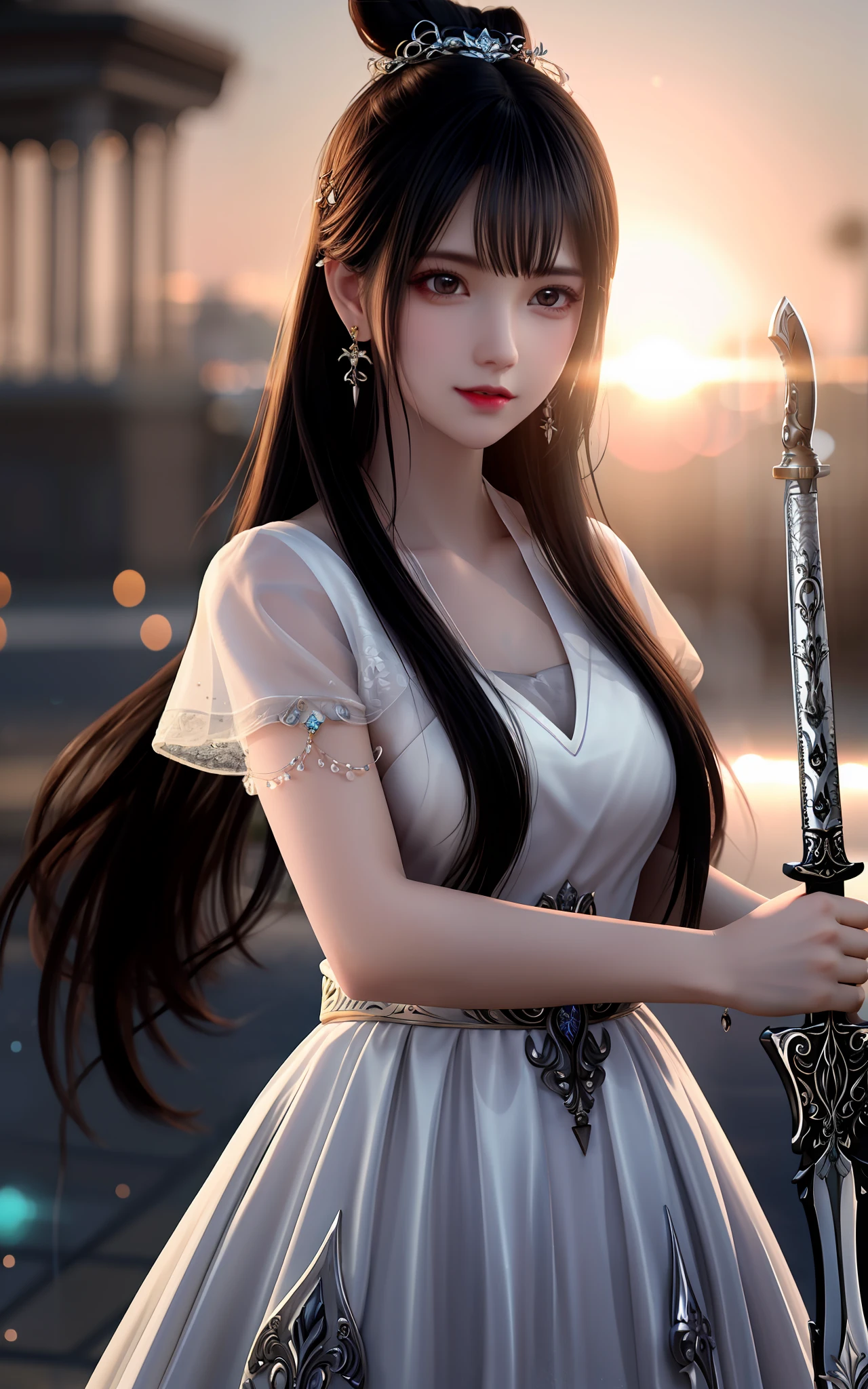 best quality,masterpiece,highres,cg,
1girl,weapon,sword,long hair,dress,water,solo,jewelry,white dress,earrings,hair ornament,splashing,upper body,hair bun,black hair,
lighting,candid,Photograph,high resolution,4k,8k,Bokeh,