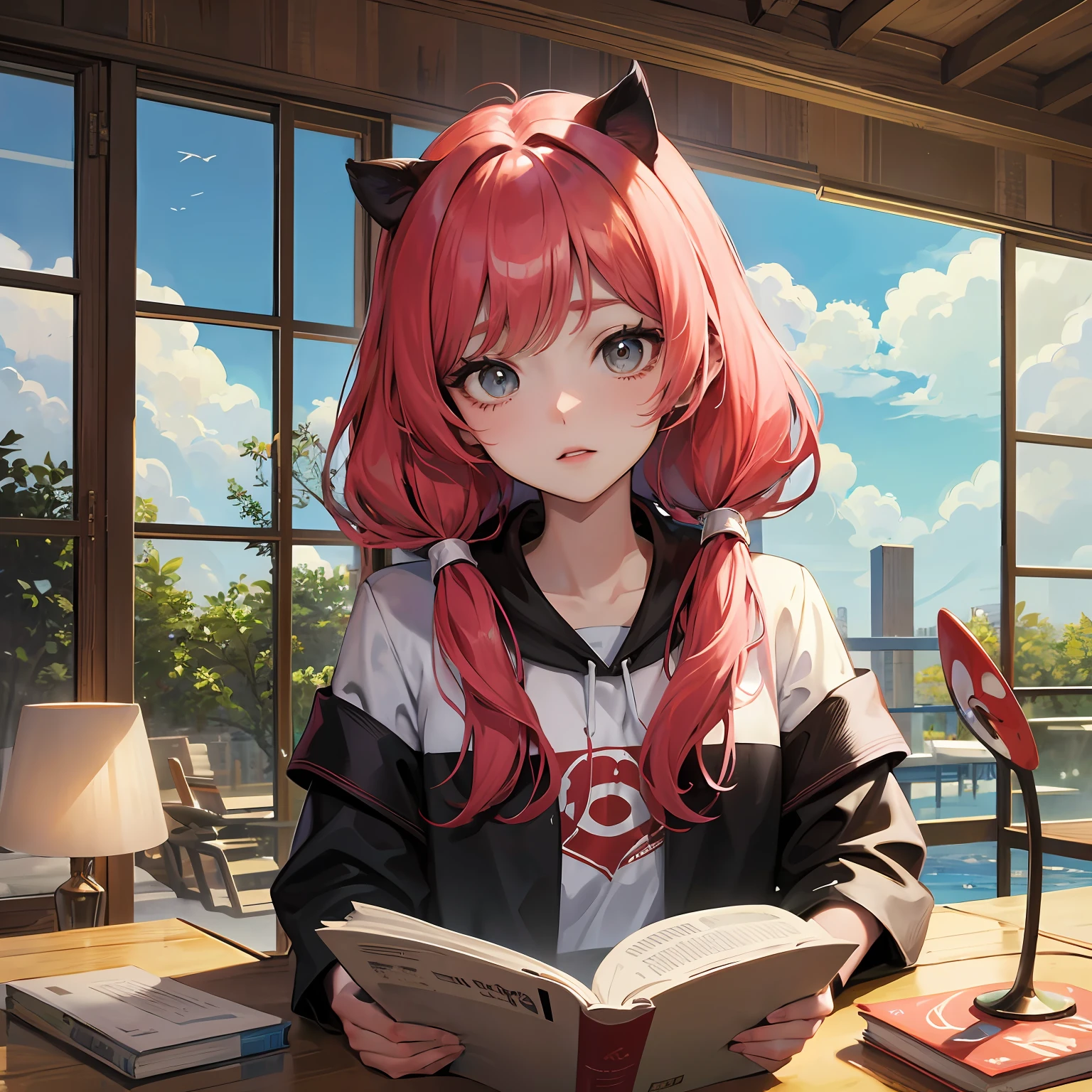pequena garota lendo um livro com fone de ouvido estilo anime, em um quarto com janela e arvore rosa do lado de fora, com alta qualidade, 4k, higth guality, anime, anime estilo shonjo, --auto