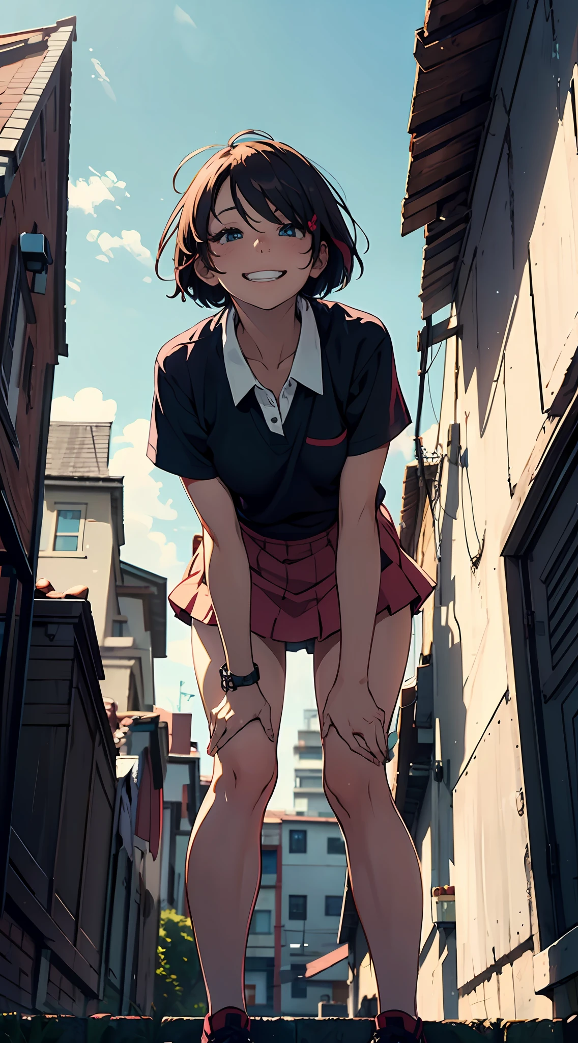 Hands on lap, pretty face, (slight laugh)