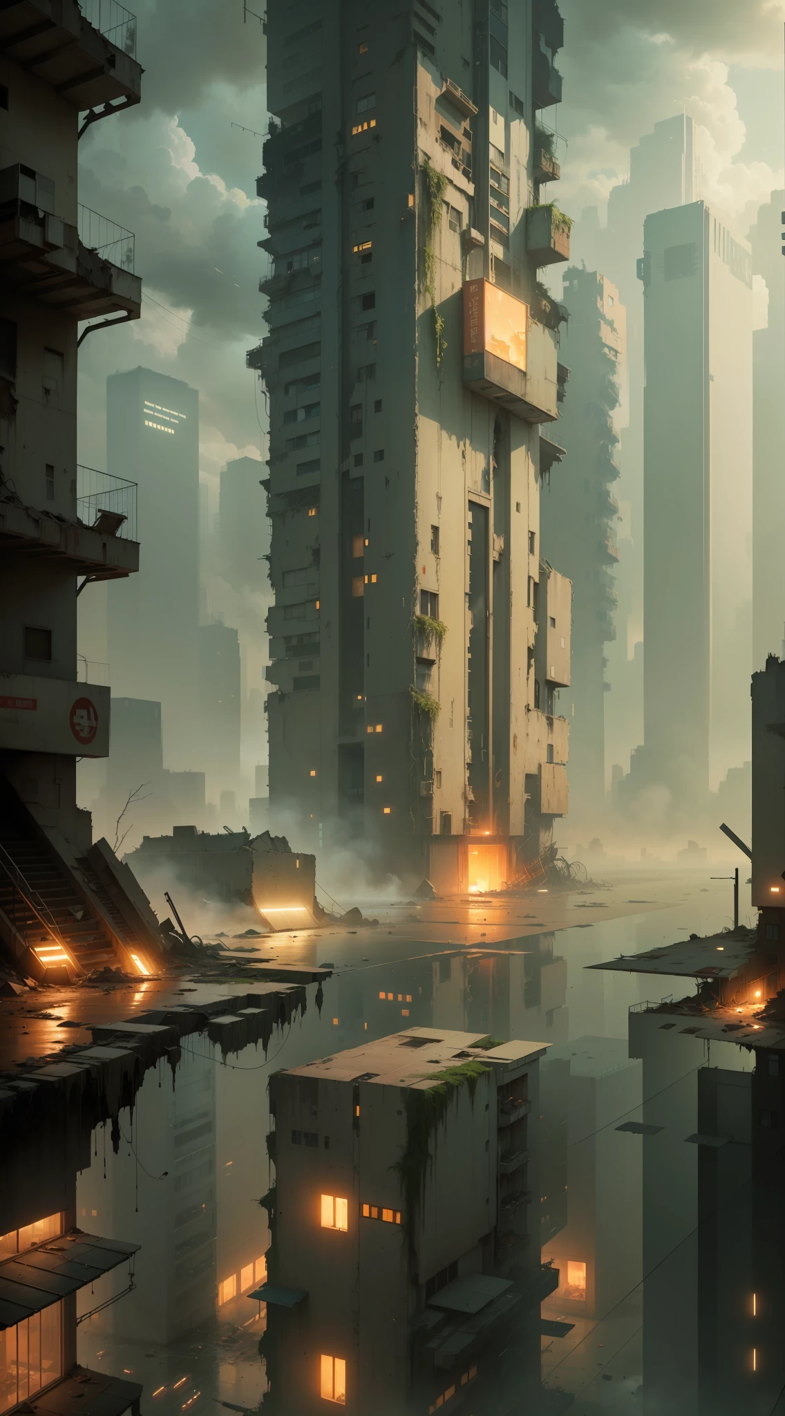 ((obra-prima)), ((melhor qualidade)), ((realista)), Digital painting depicting a futuristic city after a fallout event. The corroded and rusty skyscrapers stretch skyward, while remnants of advanced technology are visible amid the wreckage. O neon vibrante ilumina as ruas desertas, reflecting in puddles of radioactive water. Abandoned robots roam the streets, silent witnesses to a collapsing civilization. The air is charged with a gloomy atmosphere, But a ray of hope is represented by a small vertical garden that blooms between the buildings, symbolizing human resilience. This high-quality digital painting captures every detail and essence of this futuristic post-apocalyptic setting, conveying a sense of beauty and melancholy at the same time.