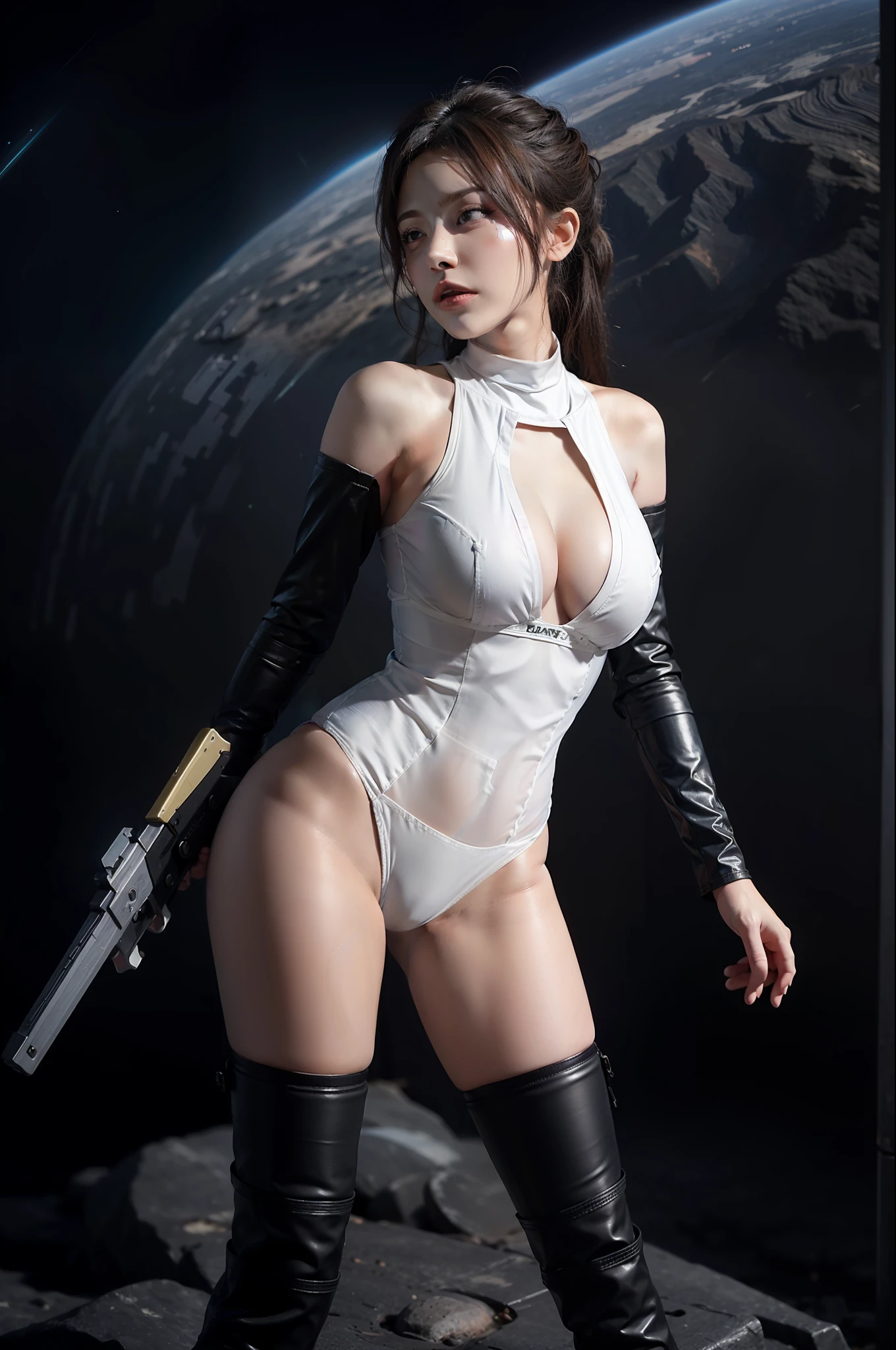 1girls,Female Star Warrior,Delicate and beautiful face,blushes,The lips open slightly,Hair color and dyeing,Busty boobs,Convex buttocks,Unidentified fluid on the buttocks,Dressed in a bodysuit,High-tech combat boots,Armed with a firearm,Weapons of the future,perfectly proportioned,Detailed clothing details,Liquid effect,space,heavenly body,Interstellar battlefield,Harsh war environment,detailed backgorund,high quailty,master-piece,8K,