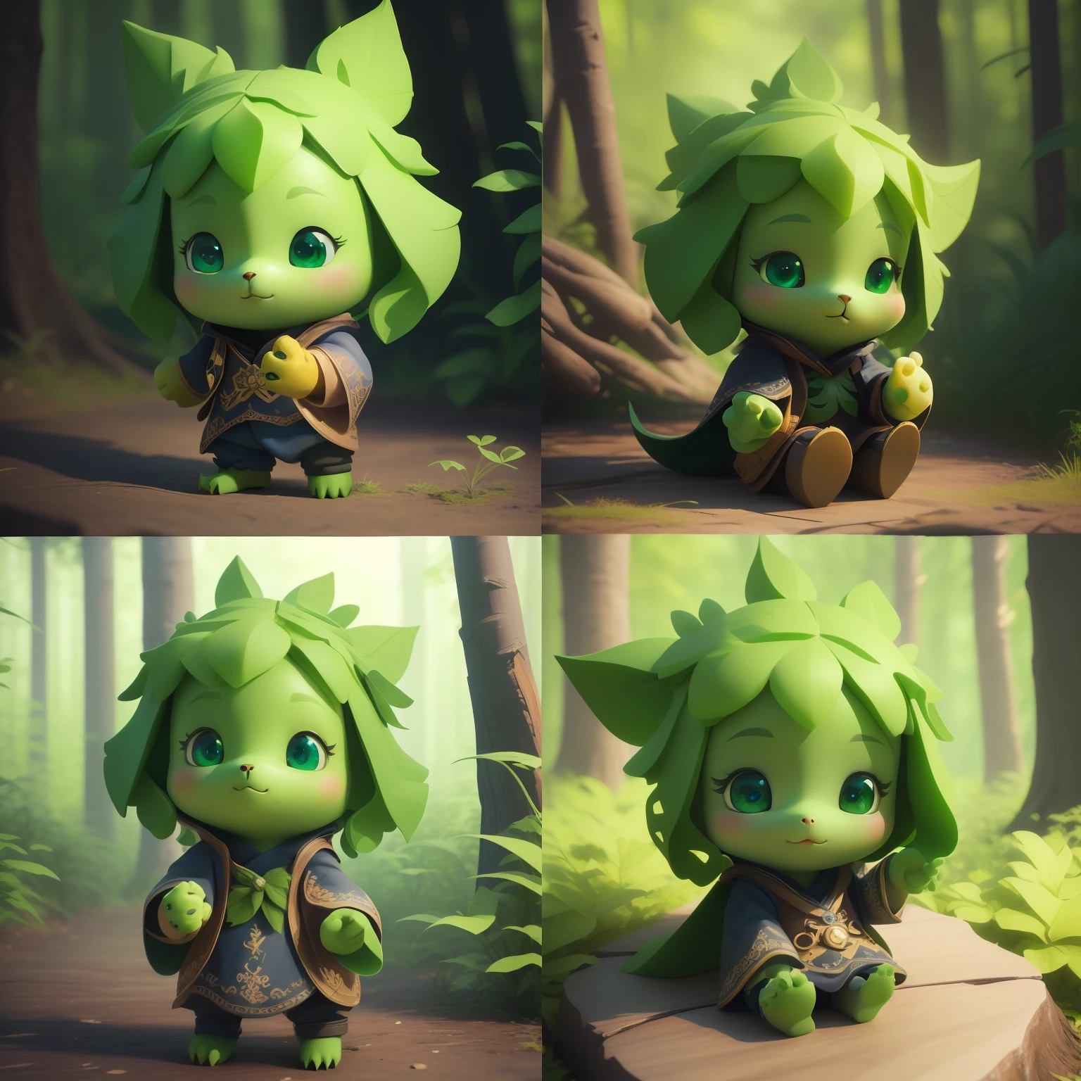 Picture of little people with green plants from multiple angles, 3 d render stylized, cute 3 d render, cute detailed digital art, adorable digital painting, adorable digital art, trending on polycount, rolands zilvinskis 3d render art, cute forest creature,Body proportions are cute,Clear hands and feet,