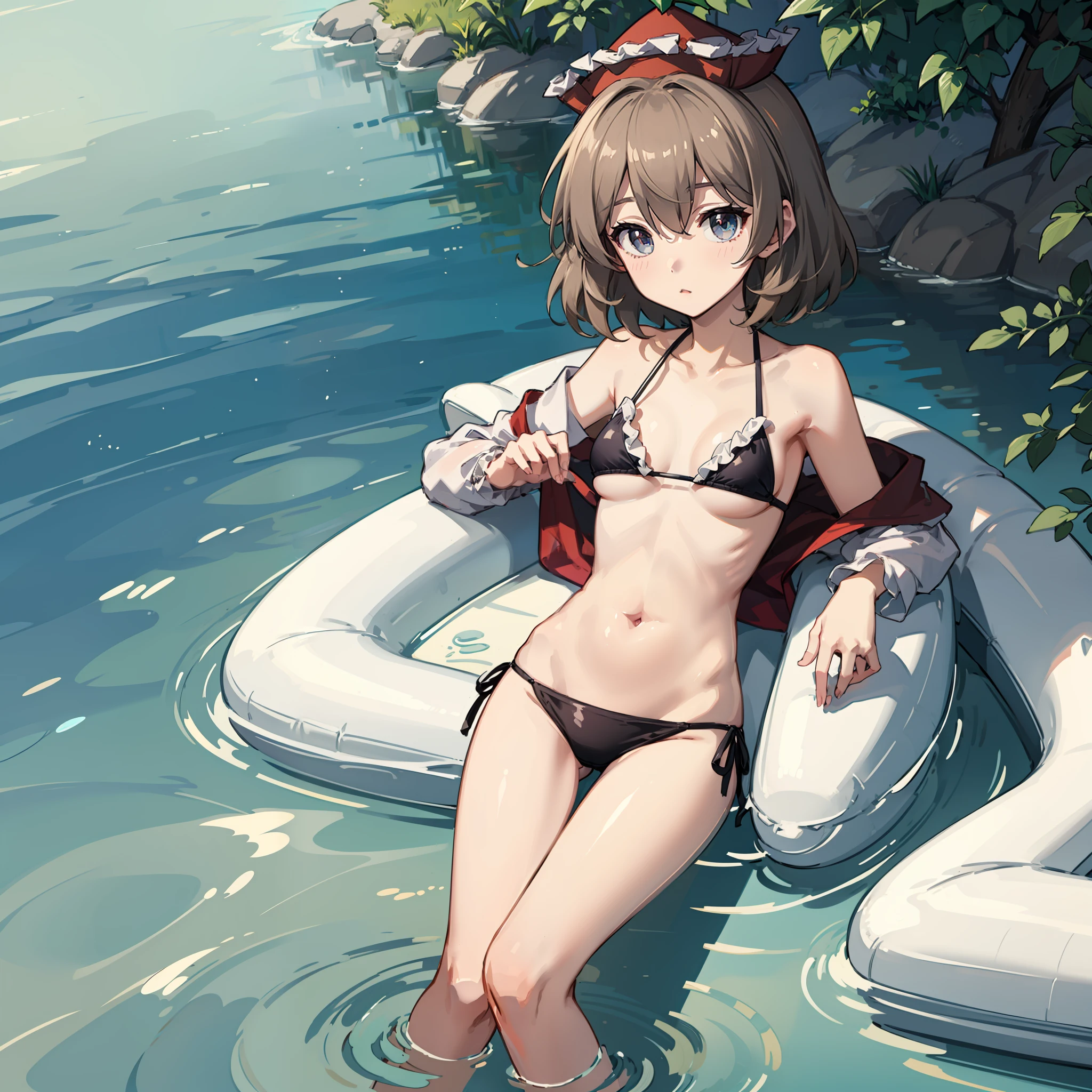 1女の子, Lyrica Prism River(Touhou Project), solo, swimming suit, Bikini, small boobs,,, side-tie bikini bottom, Bikini, Blue eyes,thin brown hair、short hair,, shyness, blushed, BEATCH